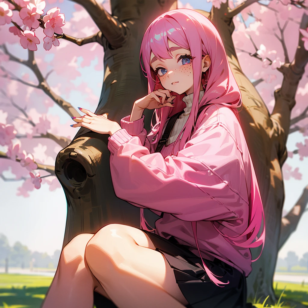 The girl has long pink hair. Your eyes are brown. Your face has freckles. She wears a sweater and a fitted skirt. Your nails are colorful. She is sitting under a cherry tree.