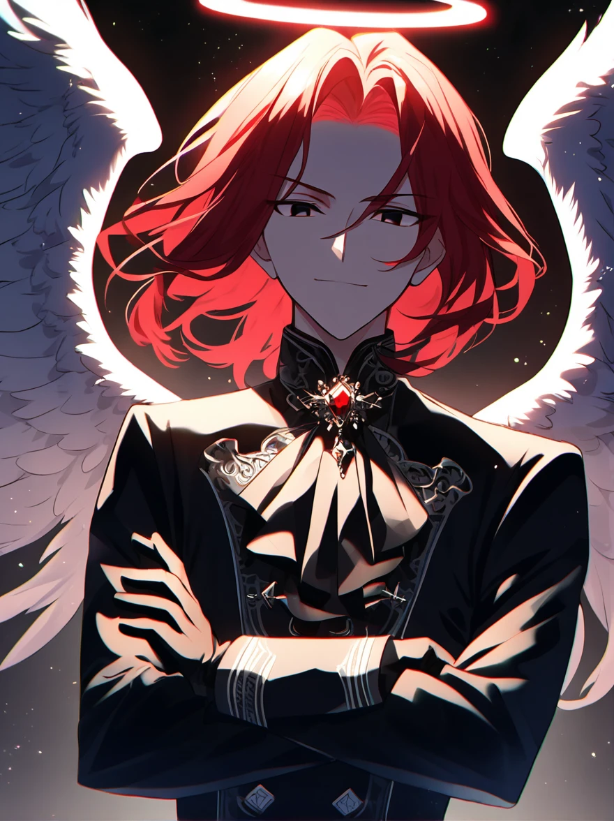 Solo male, male, medium hair, bright red hair, black eyes, halo above head, white wings, straight face, fancy clothing, black gloves, crossing arms, shining light