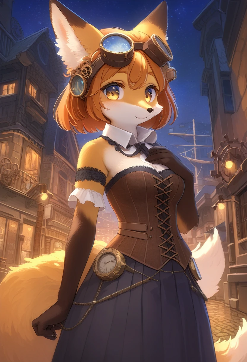 ((Masterpiece)), ((Best Quality)), (Very Detailed), ((Very Detailed)), 4K, (8K), very aesthetic, absurdres highres, 1 girl, (anthropomorphic fox, furry, kemono:1.5), In a steampunk city, a lively woman stands under a Van Gogh-esque starry sky wearing a meticulously designed steampunk costume. Her corset is fitted with gears and pipes, she wears lace gloves, and a top hat with goggles. There is a complex mechanical device in the background, illuminating the scene with a perfect balance of warm colors and metallic sheen.