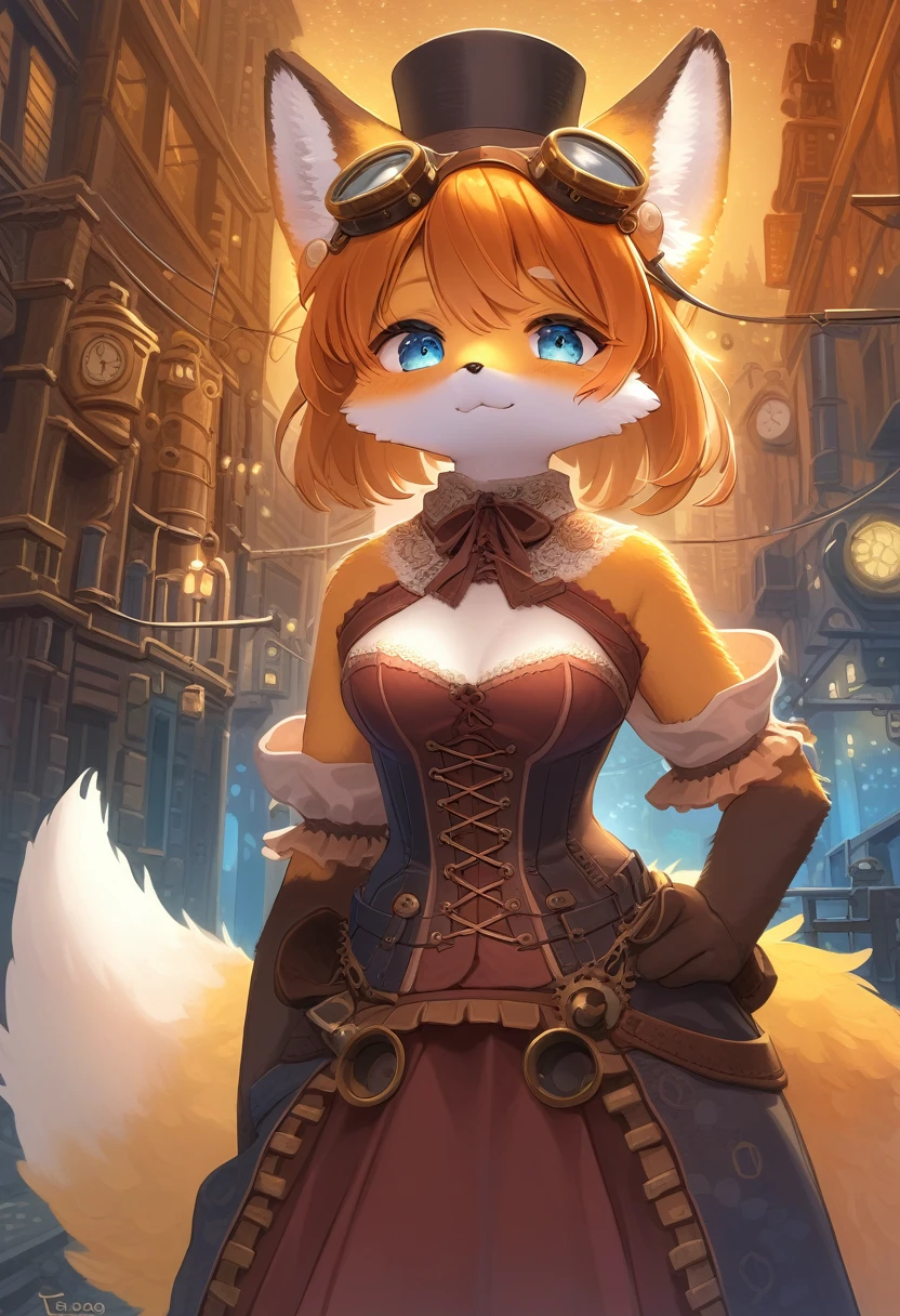 ((Masterpiece)), ((Best Quality)), (Very Detailed), ((Very Detailed)), 4K, (8K), very aesthetic, absurdres highres, 1 girl, (anthropomorphic fox, furry, kemono:1.5), In a steampunk city, a lively woman stands under a Van Gogh-esque starry sky wearing a meticulously designed steampunk costume. Her corset is fitted with gears and pipes, she wears lace gloves, and a top hat with goggles. There is a complex mechanical device in the background, illuminating the scene with a perfect balance of warm colors and metallic sheen.