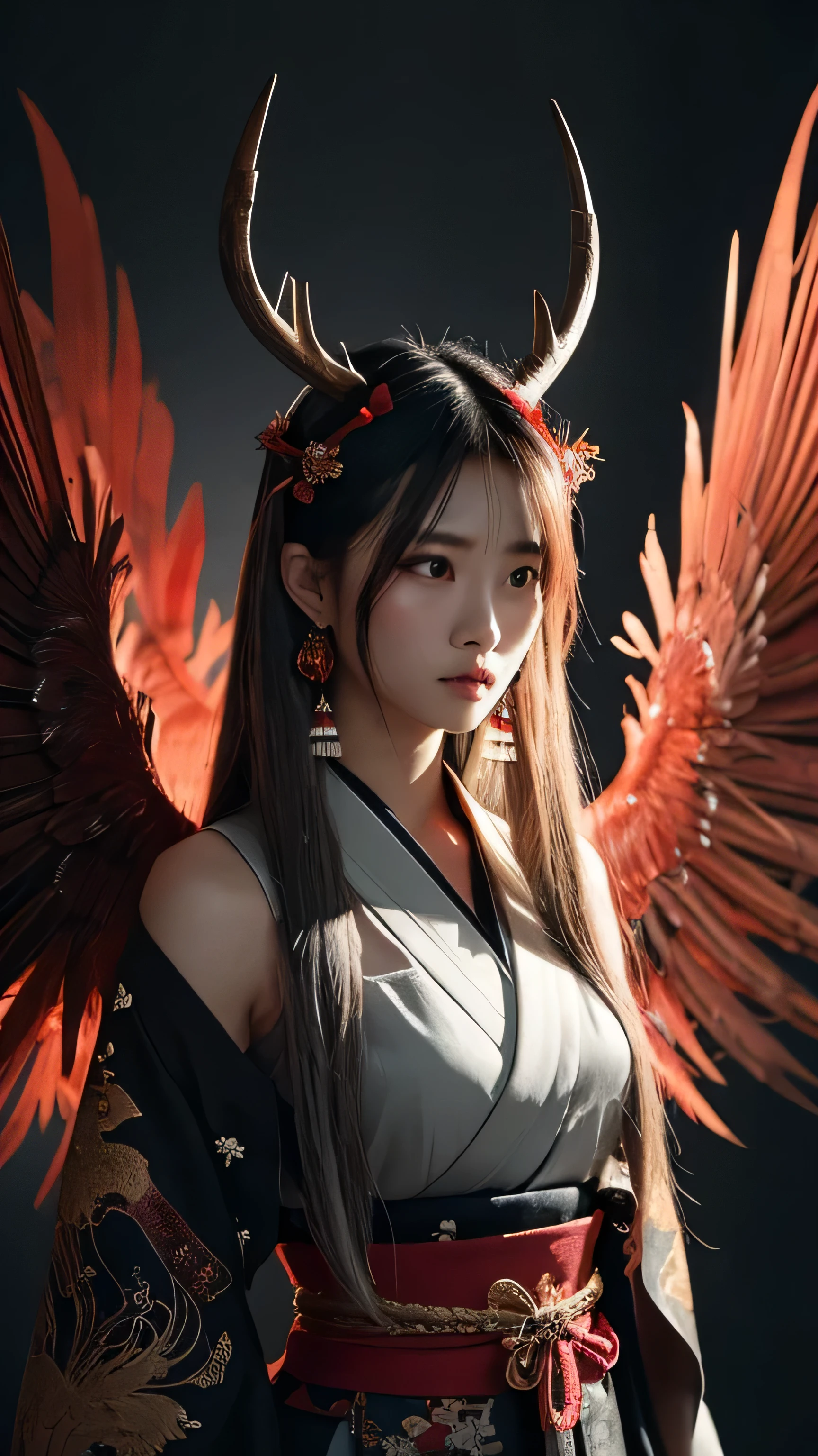 Create an ultra-realistic depiction of a female Tengu, a mythical creature from Japanese folklore known for its bird-like features and martial prowess.
**Overall Appearance**:
- **Height**: Tall and imposing, far taller than an average human.
- **Body Type**: Slender yet muscular, exuding strength and grace.
- **Skin**: Dark and textured, with a mix of bird and human features.
**Facial Features**:
- **Head**: A bird-like face with a long beak and large, piercing red eyes that glow with a fierce intensity.
- **Horns**: Large, menacing antlers protruding from her head, adding to her formidable appearance.
- **Hair**: Long, flowing, silver hair that cascades down her back, mingling with her feathers.
**Attire**:
- **Clothing**: Traditional Japanese warrior attire, including a detailed kimono with intricate patterns and symbols. The kimono is open at the chest, revealing her strong physique. She also wears samurai armor pieces on her shoulders and arms.
- **Accessories**: Adorned with ropes and tassels, symbolizing her martial rank and prowess. She also wears traditional Japanese hair ornaments and earrings that add a touch of elegance.
**Wings**:
- **Crow-like Wings**: Large, dark, and powerful wings that are ready for flight. The feathers are detailed and realistic, reflecting light beautifully.
**Weapons**:
- **Staff**: Holds a traditional wooden staff, symbolizing her combat skills and readiness.
**Illustration Image**:
- **Background**: A dark and mystical setting, possibly in a forest or ancient temple, with shadows and dim lighting enhancing the eerie and formidable atmosphere.
- **Color Palette**: Dominated by shades of black, silver, and red, emphasizing her power and mystical nature.