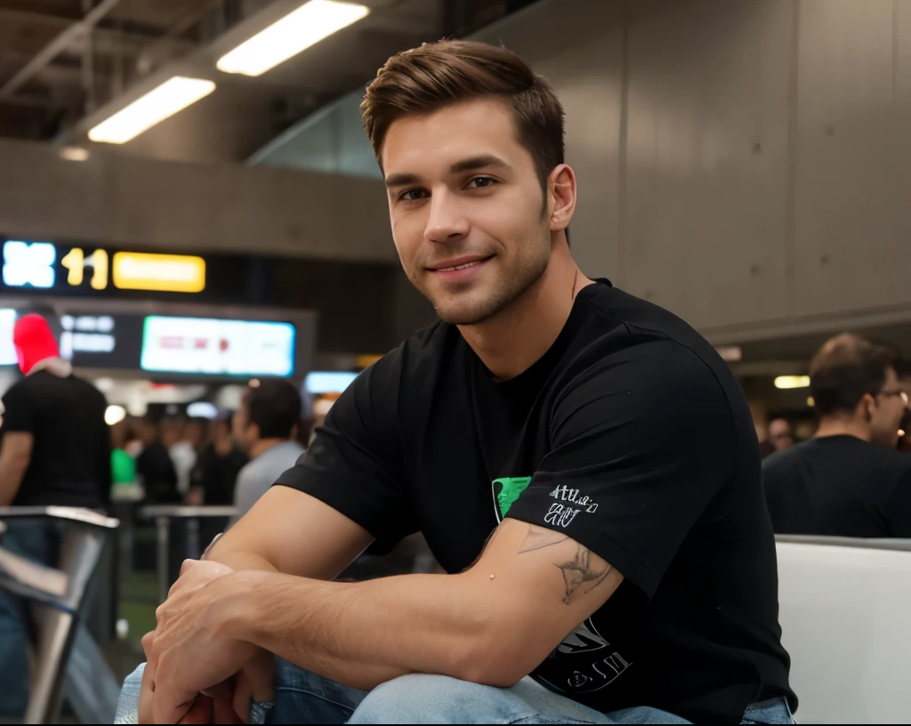 ((front view, off center, Handsome 35 year old caucasian male with desireable features sitting in an airport)), BREAK, ((medium length light brown hair, cropped sides, no facial hair, intriguing green eyes, captivating and enticing smile)), BREAK, black tee shirt, BREAK, blue jeans, BREAK, White sneakers, athletic physique, bright indoor lighting highlights his excellent features
