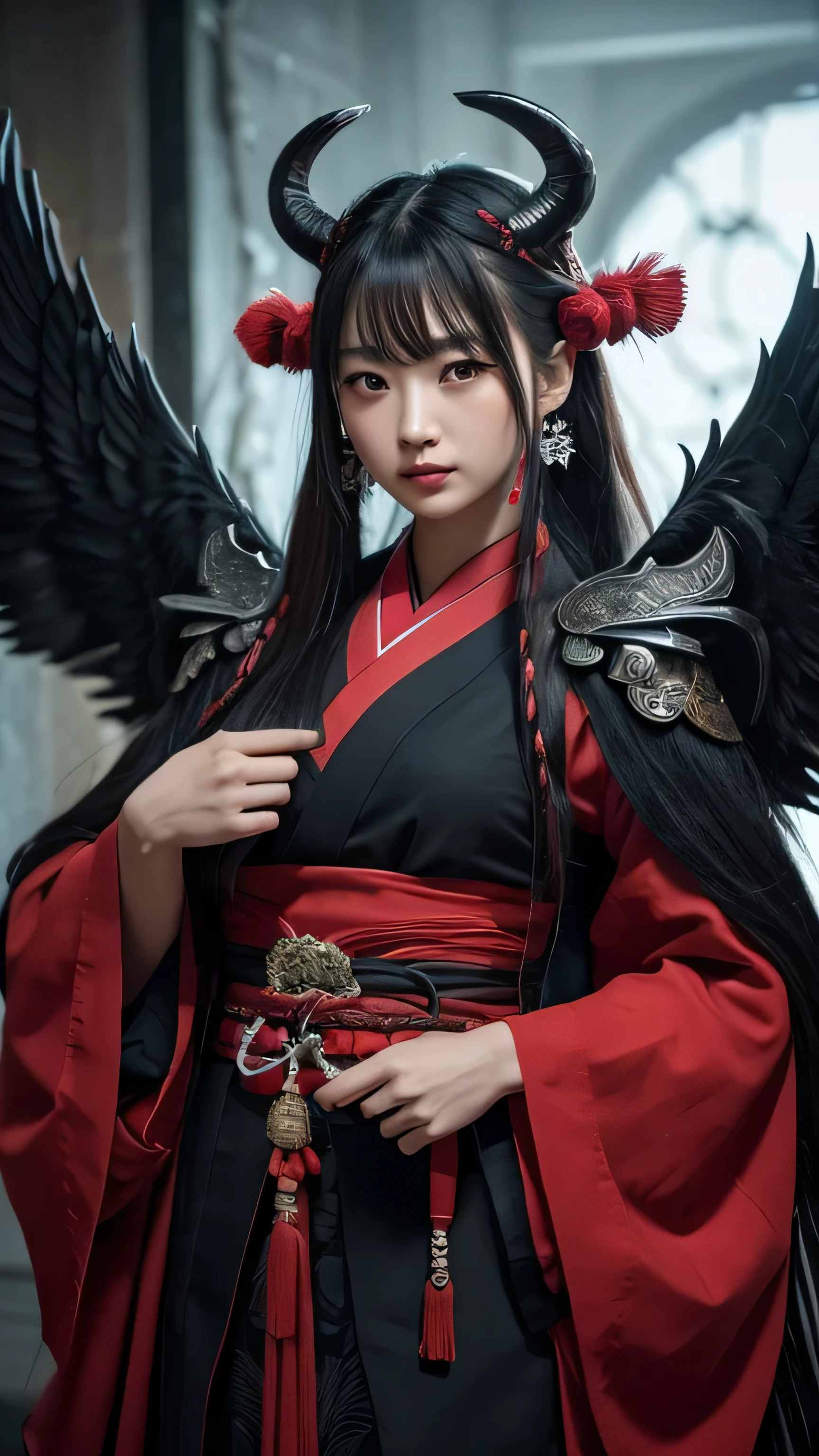 Create an ultra-realistic depiction of a female Tengu, a mythical creature from Japanese folklore known for its bird-like features and martial prowess.
**Overall Appearance**:
- **Height**: Tall and imposing, far taller than an average human.
- **Body Type**: Slender yet muscular, exuding strength and grace.
- **Skin**: Dark and textured, with a mix of bird and human features.
**Facial Features**:
- **Head**: A bird-like face with a long beak and large, piercing red eyes that glow with a fierce intensity.
- **Horns**: Large, menacing antlers protruding from her head, adding to her formidable appearance.
- **Hair**: Long, flowing, silver hair that cascades down her back, mingling with her feathers.
**Attire**:
- **Clothing**: Traditional Japanese warrior attire, including a detailed kimono with intricate patterns and symbols. The kimono is open at the chest, revealing her strong physique. She also wears samurai armor pieces on her shoulders and arms.
- **Accessories**: Adorned with ropes and tassels, symbolizing her martial rank and prowess. She also wears traditional Japanese hair ornaments and earrings that add a touch of elegance.
**Wings**:
- **Crow-like Wings**: Large, dark, and powerful wings that are ready for flight. The feathers are detailed and realistic, reflecting light beautifully.
**Weapons**:
- **Staff**: Holds a traditional wooden staff, symbolizing her combat skills and readiness.
**Illustration Image**:
- **Background**: A dark and mystical setting, possibly in a forest or ancient temple, with shadows and dim lighting enhancing the eerie and formidable atmosphere.
- **Color Palette**: Dominated by shades of black, silver, and red, emphasizing her power and mystical nature.