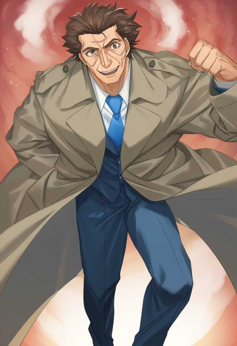 score_9, score_8_up, score_7_up, source_anime, score_6_up, score_5_up, score_4_up, BREAK 1man, veteran mature detective, muscular, boned nose, wavy slicked back spiked hair, yellow_brown hair, BREAK shihaku, brown eyes, dandy, virile, stubble, square shaped, large eyes, ugly, rough skin, facial wrinkles, ideal ratio body proportions, ordinaly, cute uncle, beautiful detailed eyes, BREAK solo, upperlegs, white collared_shirt, blue necktie, trench_coat, dark worn-out suit, cute smile, standing, BREAK in eroge style, visual novel, 2000s, extreme all detailed, masterpiece, best quality