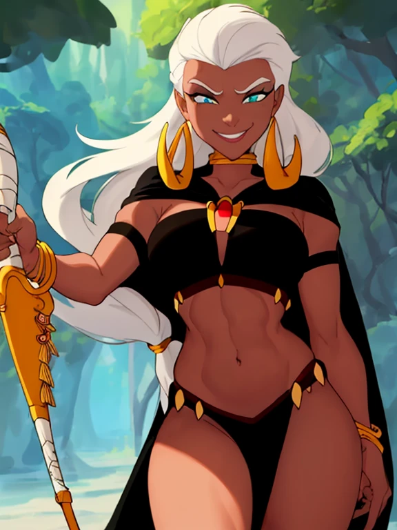 ((masterpiece,best quality)), absurdres,
Queen_La_Tarzan,  cape, dark skin, long white hair, black crop top, 
smug, smiling,  holding a golden staff,
solo, smiling, looking at viewer, cowboy shot, 
jungle in background, cinematic composition, dynamic pose,