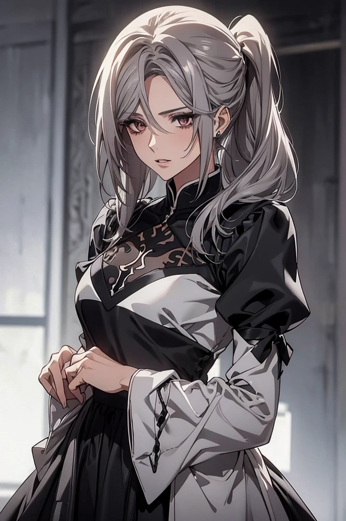 (Highest quality, High resolution, Very detailed), Silver Hair, Long ponytail hair, Reddish brown eyes, Black long dress, Formal Wear, 20th Generation, mature, Beautiful woman, quiet, Calm, venue, Black Long Sleeve Dress,