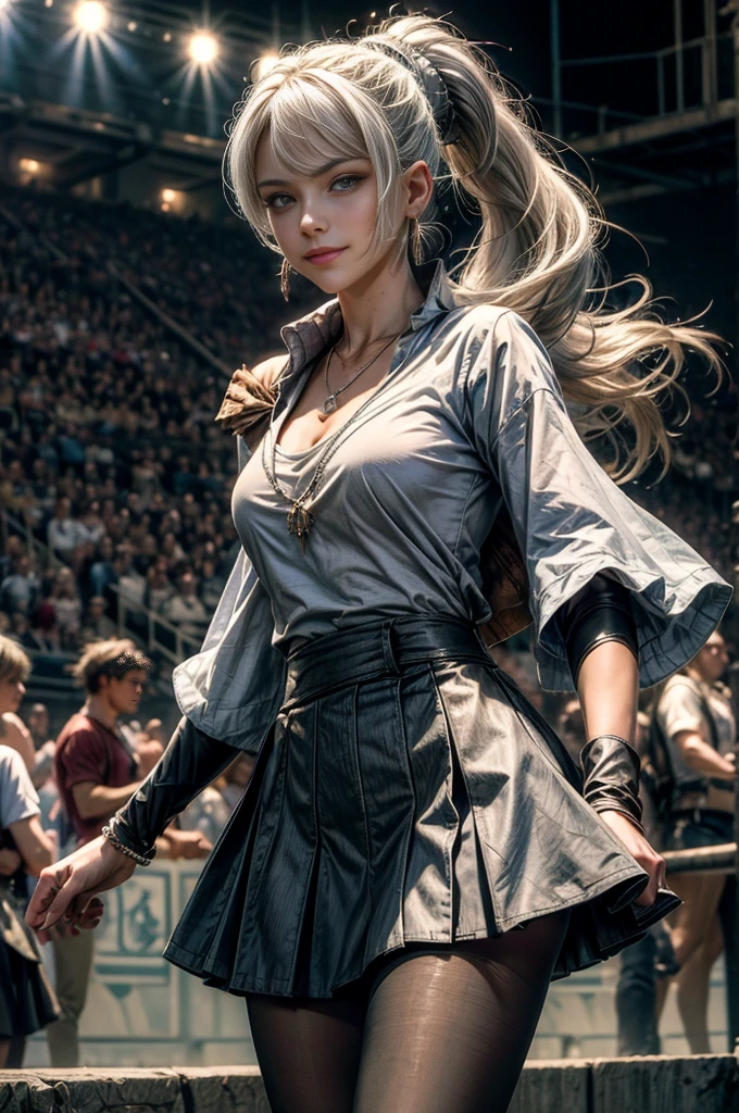 (masterpiece, best quality:1.2), cowboy shot, weissvale, smile, closed mouth, looking at viewer, long white hair, side ponytail, scar above eye, scar below eye, t-shirt, skirt, pantyhose, jewelry, necklace, earrings, standing in stadium, crowd