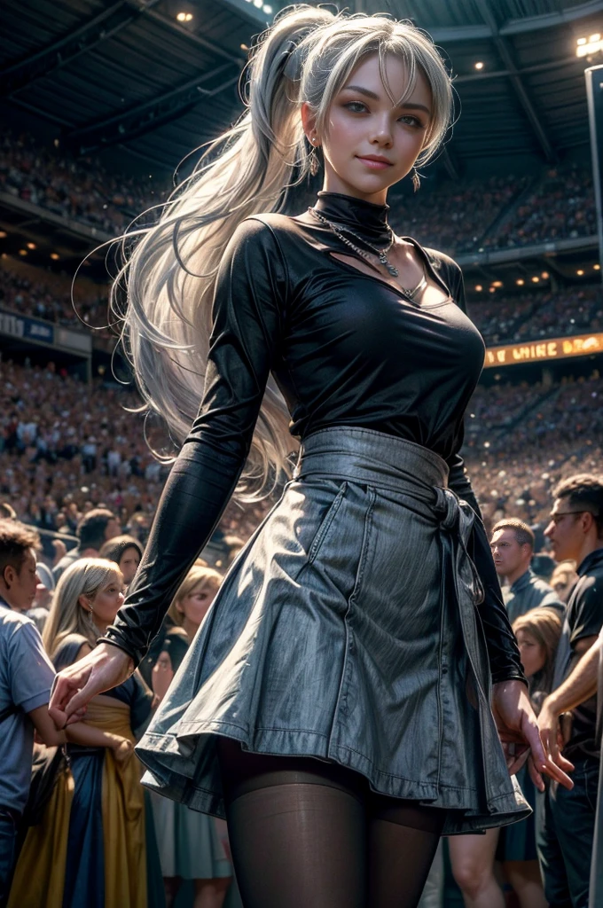 (masterpiece, best quality:1.2), cowboy shot, weissvale, smile, closed mouth, looking at viewer, long white hair, side ponytail, scar above eye, scar below eye, t-shirt, skirt, pantyhose, jewelry, necklace, earrings, standing in stadium, crowd