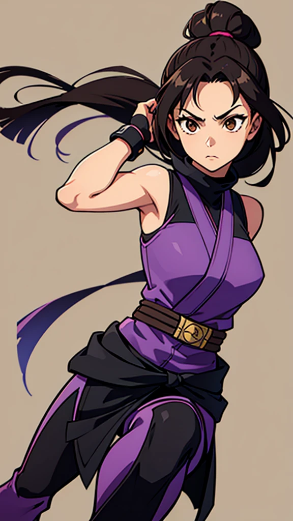 Girl, , Black hair, light brown eyes, ninja belt, ninja outfit , black and lilac