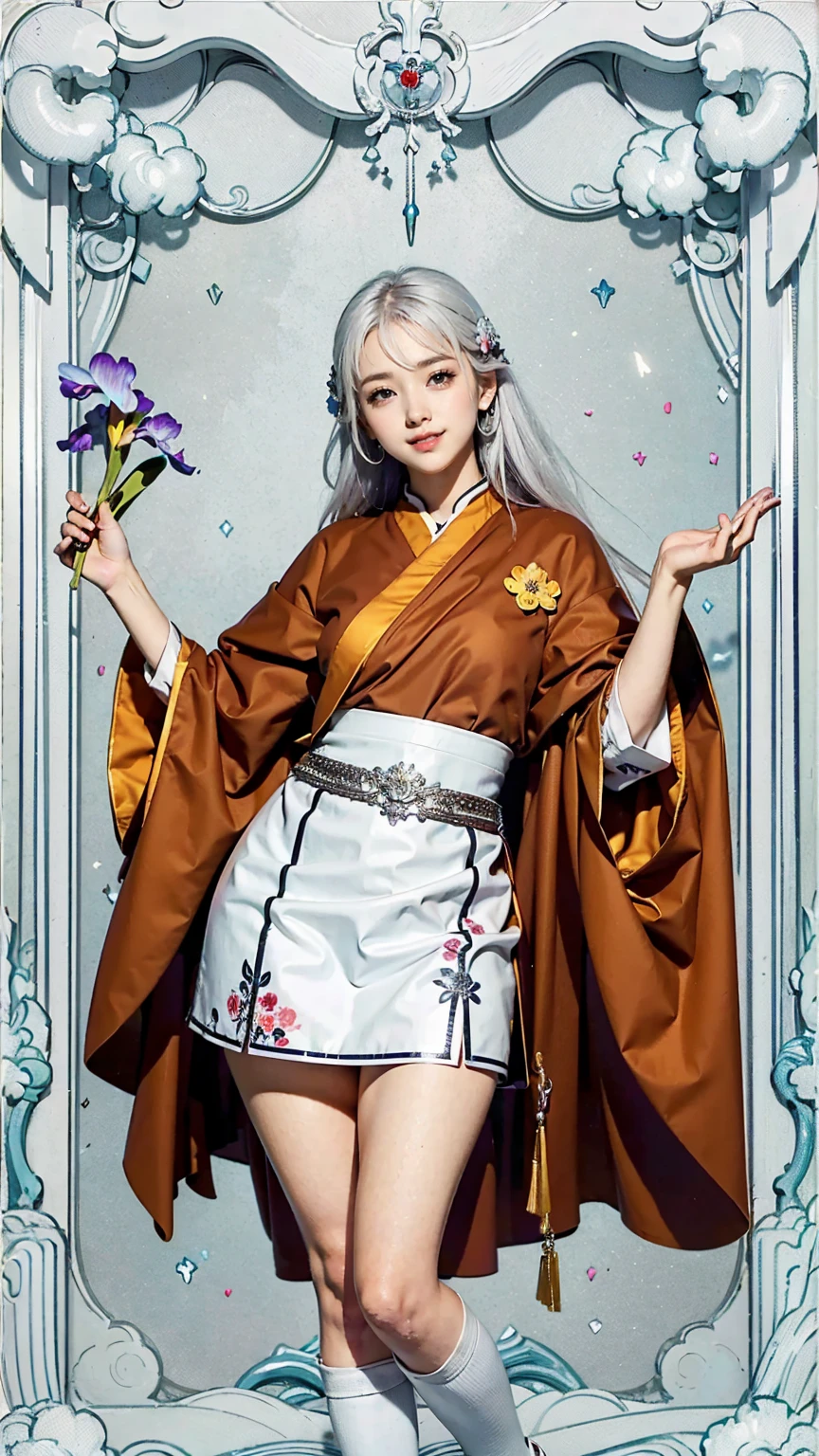 (Tarot card style:1.3), (Anime Style:1.3), masterpiece, Highest quality, Highest Resolution, Anatomically correct, Accurate Anatomy, (Floral blank background:1.3), (1girl:1.3), 20-year-old, Height: 165cm, Shot from thigh up, (Thick thighs:1.2), (Long Hair, Straight Hair, Silver Hair:1.3), (Squint your eyes, Sharp Eyes, (Iris:1.2)), (Hidden eyelid wrinkles:1.2), Thin eyebrows, Draw eyelashes carefully, Natural Makeup, Chin up, Grin, Slightly to the side, (A monk in a fantasy world:1.3), (Pose a random model:1.2)