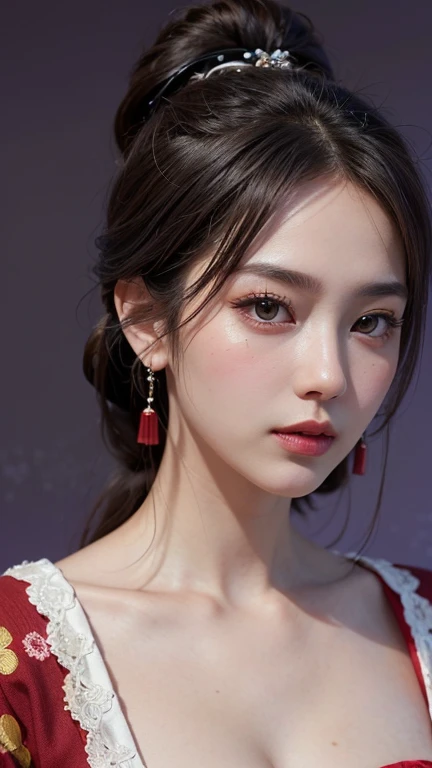 (8k, Highest quality, High resolution, masterpiece :1.3, RAW Photos), ((Accurately express the fine details of the face and skin texture)), ((Purple Background)), Beautiful adult woman, Long contour, Oiran, Gorgeous red kimono::2, hairpin, Captivating look, Strike a Pose, Earrings, Cleavage、Loose-fitting kimono、courage、