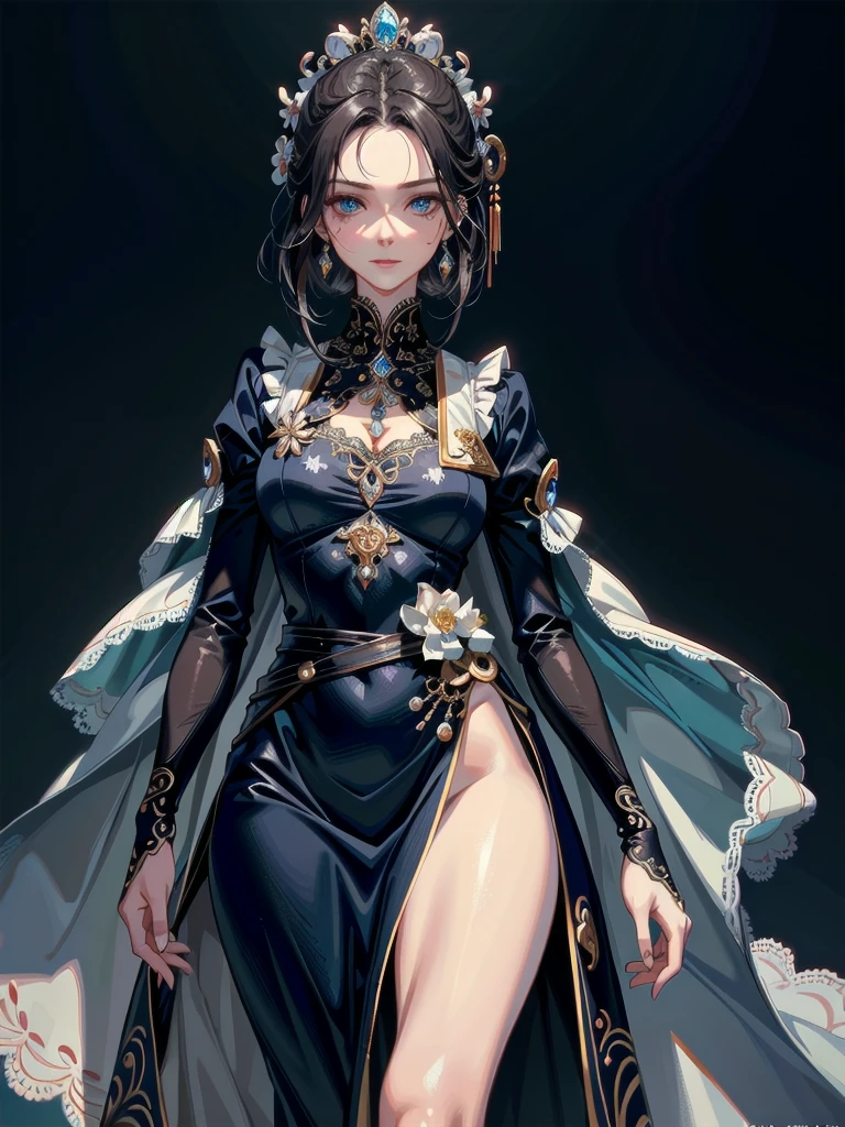absurdres, RAW photo, extremely delicate and beautiful, masterpiece, Best Quality, ultra high resolution, 32k, hyperrealistic, ultra-detailed, perfect anatomy, anatomically correct, perfect figure, Perfect Style, Perfect balance, super Detailed skin, in her 30s, very Slim body, narrow waist, very small head, very small face, delicate facial features, handsome detailed woman, very detailed eyes and face, realistic face proportions, Realistic beautiful face, Realistic beautiful eyes, tearful mole, earring, very big round tits, whole body shot, medium hair, outdoor, Princess, beautiful dress, Beautiful lace, Beautiful frills, Beautiful embroidery, beautiful fabric, Beautifully decorated,