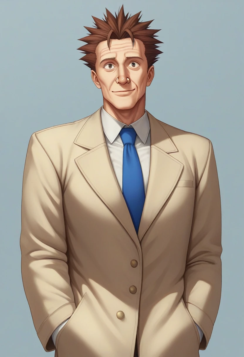 score_9, score_8_up, score_7_up, source_anime, score_6_up, score_5_up, score_4_up, BREAK 1man, veteran mature detective, muscular mature, boned nose, wavy slicked back spiked hair, yellow_brown hair, BREAK shihaku, brown eyes, dandy, virile, stubble, square shaped, large eyes, ugly, rough skin, facial wrinkles, ideal ratio body proportions, ordinaly, cute uncle, beautiful detailed eyes, 40yo, BREAK solo, upperlegs, white collared_shirt, blue necktie, trench_coat, dark worn-out suit, cute smile, standing, BREAK in eroge style, visual novel, 2000s, extreme all detailed, masterpiece, best quality