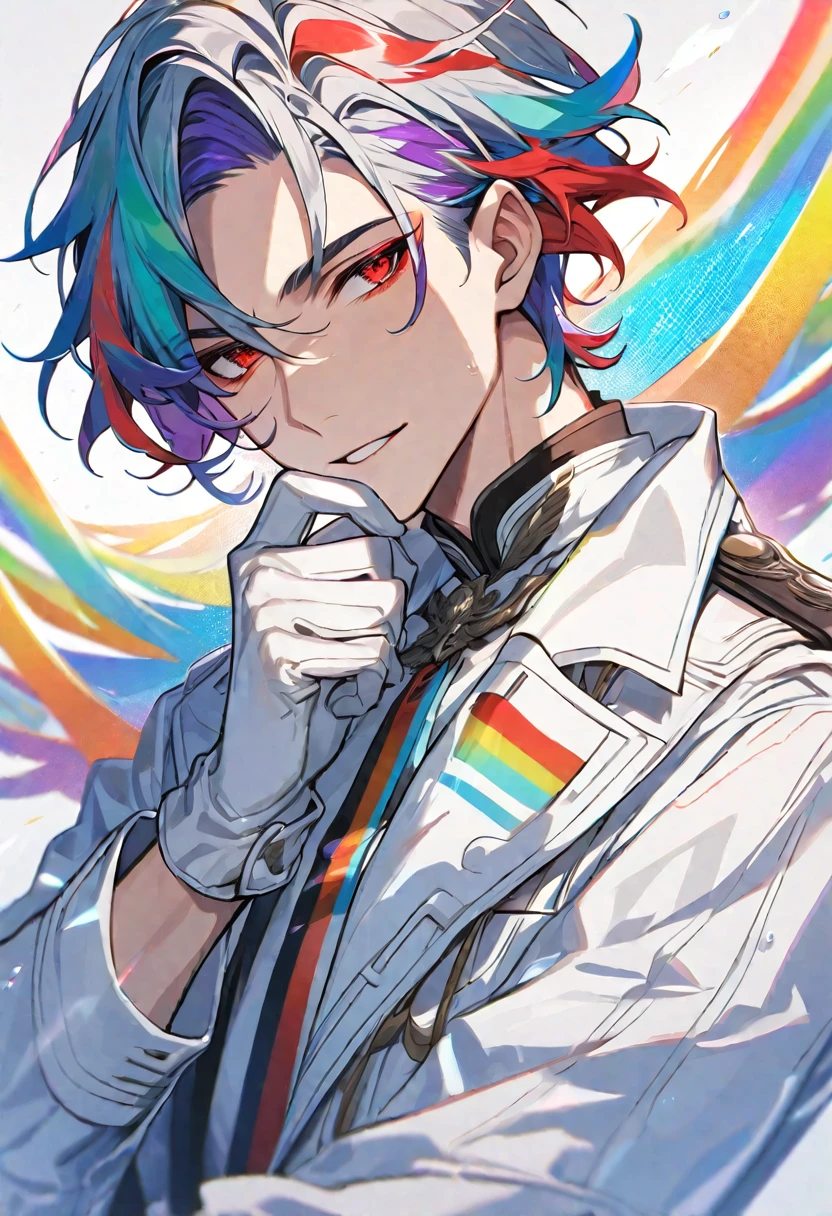 solo, handsome, 1 male, short hair, rainbow color hair, red eyes, white coat, white gloves