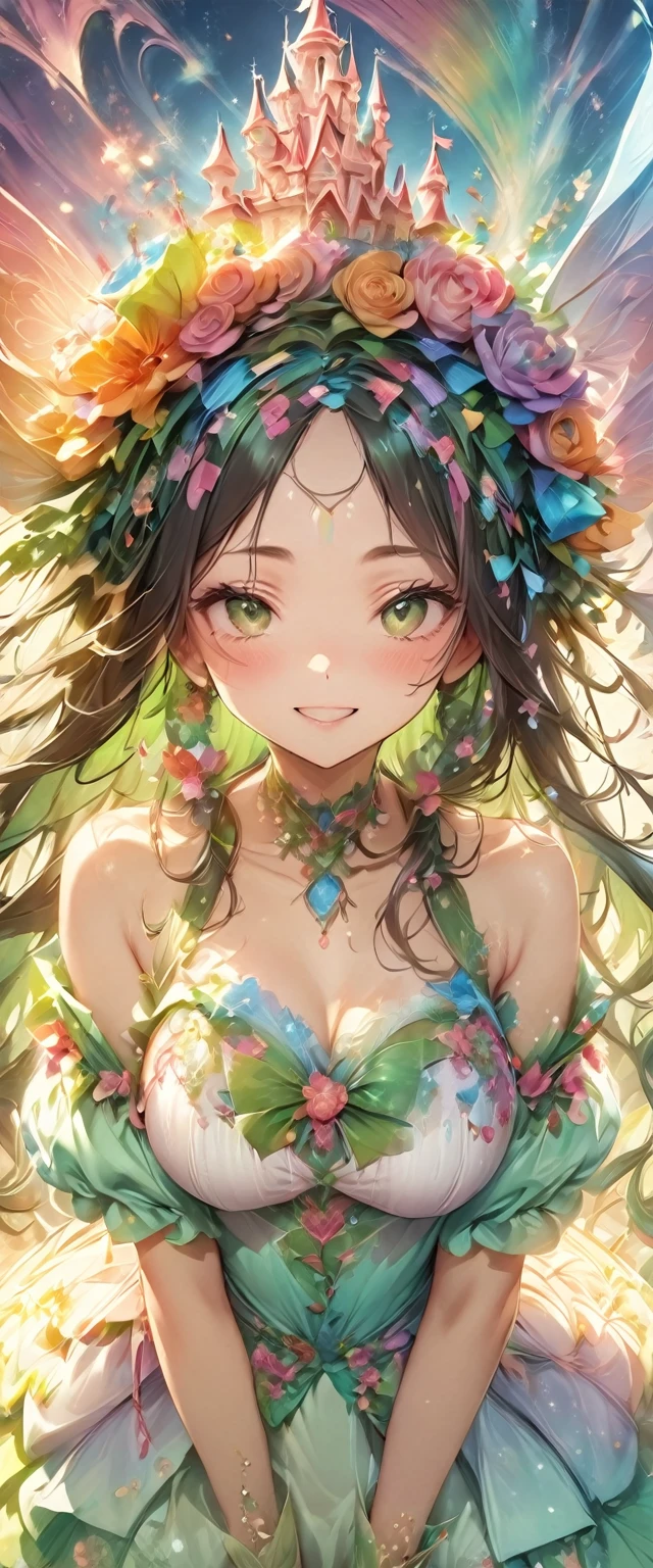 ((masterpiece, Highest quality, Best image quality, High resolution)), ((Highly detailed CG synthesis 8k wallpaper)), candyland, Candy Kingdom, Candy Castle, Fairy tale world, Candy house and juice fountain rainbow lined up, colorful, pop, Fantasy, dream-like,