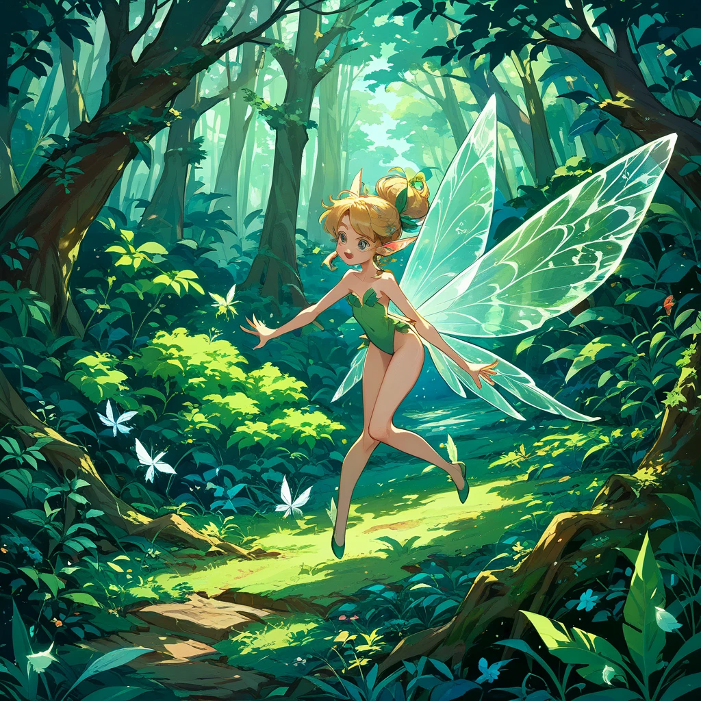 masterpiece、Mastepiece、Award-winning、((A scene of little fairies flying))、、Perfect proportions、Wear a leotard、feathers grow on the back,、The background is a fantasy world forest