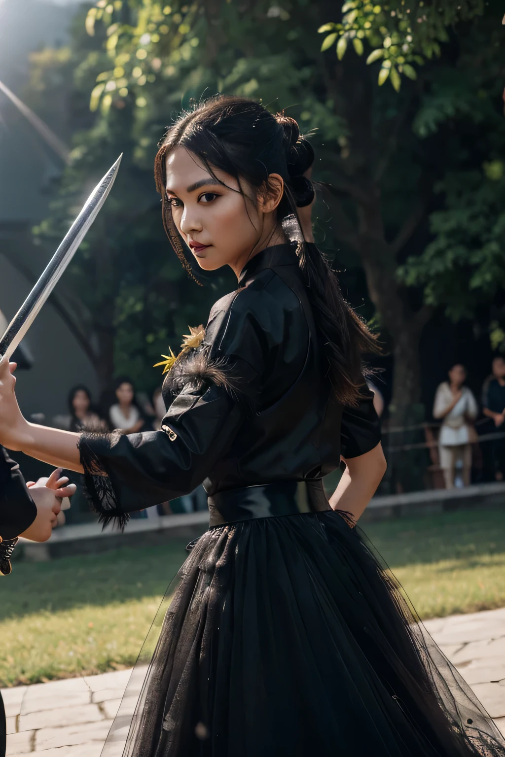 Man and woman in tulle hanfu., Woman holding sword against man, black fur, short ponytail, onyx eyeballs, texture detail, shiny skin, sun, Spinning Feather Sword, motion blur background, Backlight, 8k, Super detail, masterpiece, Best Quality