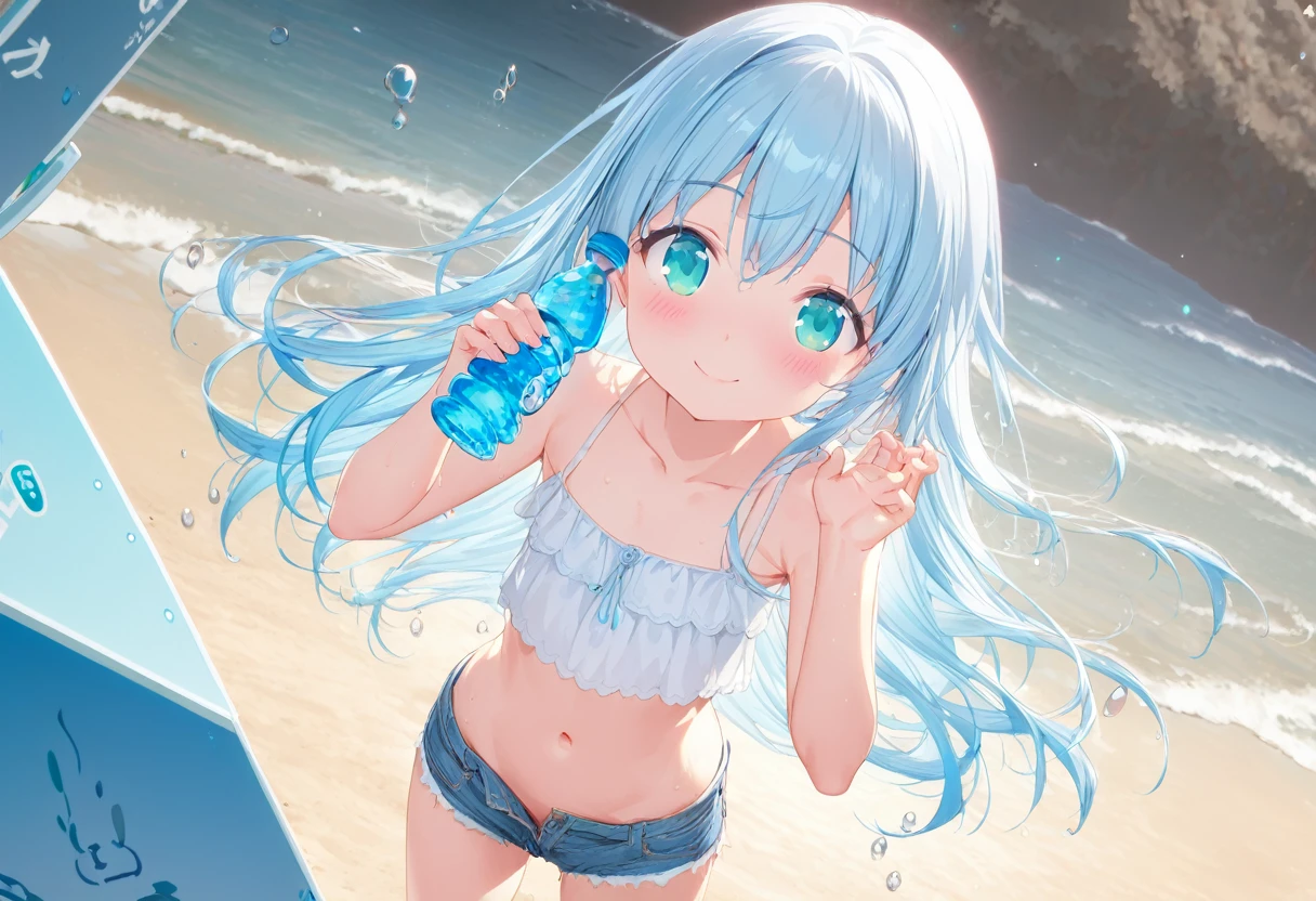  masterpiece, best quality, extremely detailed, (illustration, official art:1.1), 1 girl ,(((( light blue long hair)))), ,(((( light blue long hair)))),light blue hair, ,10 years old,, long hair ((blush)) , cute face, big eyes, masterpiece, best quality,(((((a very delicate and beautiful girl))))),Amazing,beautiful detailed eyes,blunt bangs((((little delicate girl)))),tareme(true beautiful:1.2), sense of depth,dynamic angle,,,, affectionate smile, (true beautiful:1.2),,(tiny 1girl model:1.2),)(flat chest),absurdres, absolutely resolution, incredibly absurdres, highres, ultra detailed, official art, unity 8k wallpaper, Kinetic Typography BREAK (1girl, solo:1.4), beautiful and shiny skin, coquettish skin, dynamic poses, dynamic angle, close-up, cowboy shot, smile, blush BREAK hand up, looking at viewer BREAK (ramune:1.4), object to cheek, holding, holding bottle, hair between eyes, sidelocks,aqua eyes, breasts, small breasts, cleavage, collarbone, linea alba, midriff, navel BREAK (shirt, white shirt :1.2), bikini, denim shorts, shot shors, micro shorts BREAK beach, sea, light particles, water drop, wet BREAK nice hands, perfect hands,