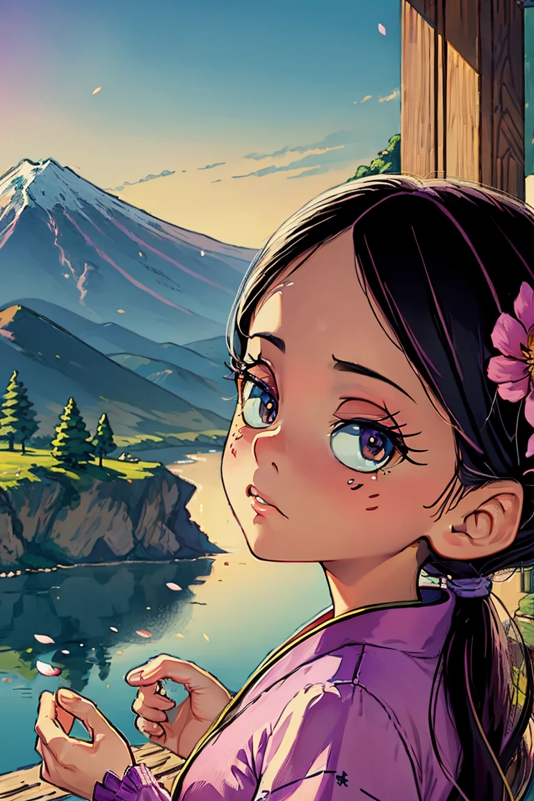 Best Quality, masterpiece, extremely detailed, detailed background, detailed eyes, cheered up, 1 girl, pretty eyes, young girl, long hair girl, expressive face, kimono, retro, landscape del monte fuji, outdoor, Sunset, beautiful sky, picnic at the lake, landscape, scenery, horizon, mountain sitting near the mountain, wind, flower petal, spring, looking away, atmospheric lighting, reflection, naturalist, detail, Realism. relaxation, beauty, Focus only, close up, on one side, depth of field, 