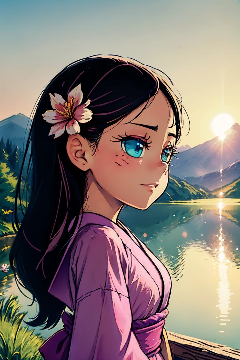 Best Quality, masterpiece, extremely detailed, detailed background, detailed eyes, cheered up, 1 girl, pretty eyes, young girl, long hair girl, expressive face, kimono, retro, landscape del monte fuji, outdoor, Sunset, beautiful sky, picnic at the lake, landscape, scenery, horizon, mountain sitting near the mountain, wind, flower petal, spring, looking away, atmospheric lighting, reflection, naturalist, detail, Realism. relaxation, beauty, Focus only, close up, on one side, depth of field,