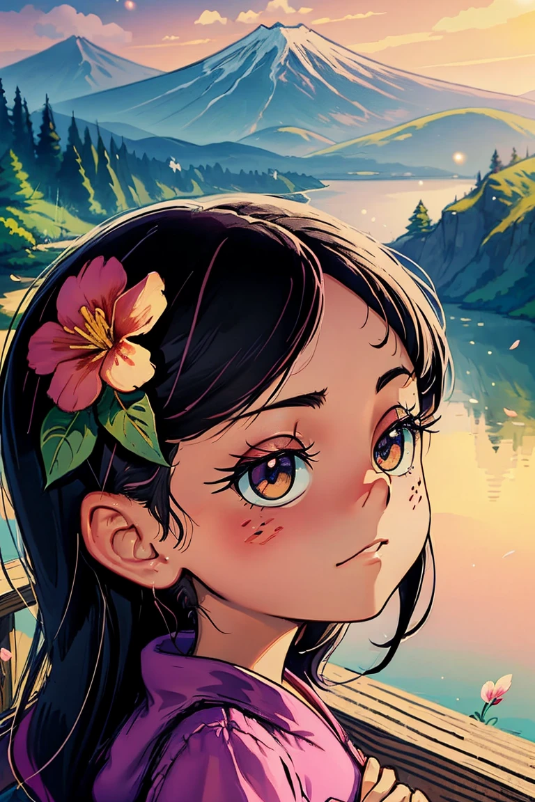 Best Quality, masterpiece, extremely detailed, detailed background, detailed eyes, cheered up, 1 girl, pretty eyes, young girl, long hair girl, expressive face, kimono, retro, landscape del monte fuji, outdoor, Sunset, beautiful sky, picnic at the lake, landscape, scenery, horizon, mountain sitting near the mountain, wind, flower petal, spring, looking away, atmospheric lighting, reflection, naturalist, detail, Realism. relaxation, beauty, Focus only, close up, on one side, depth of field, 