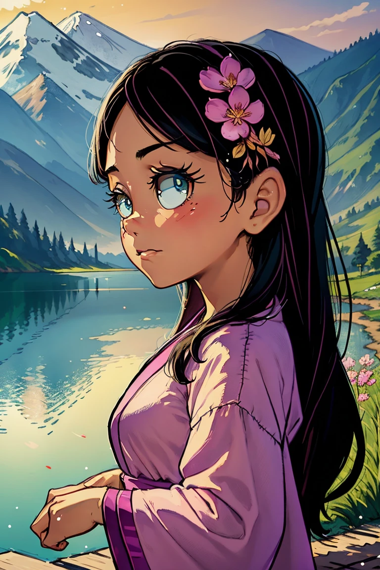 Best Quality, masterpiece, extremely detailed, detailed background, detailed eyes, cheered up, 1 girl, pretty eyes, young girl, long hair girl, expressive face, kimono, retro, landscape del monte fuji, outdoor, Sunset, beautiful sky, picnic at the lake, landscape, scenery, horizon, mountain sitting near the mountain, wind, flower petal, spring, looking away, atmospheric lighting, reflection, naturalist, detail, Realism. relaxation, beauty, Focus only, close up, on one side, depth of field,