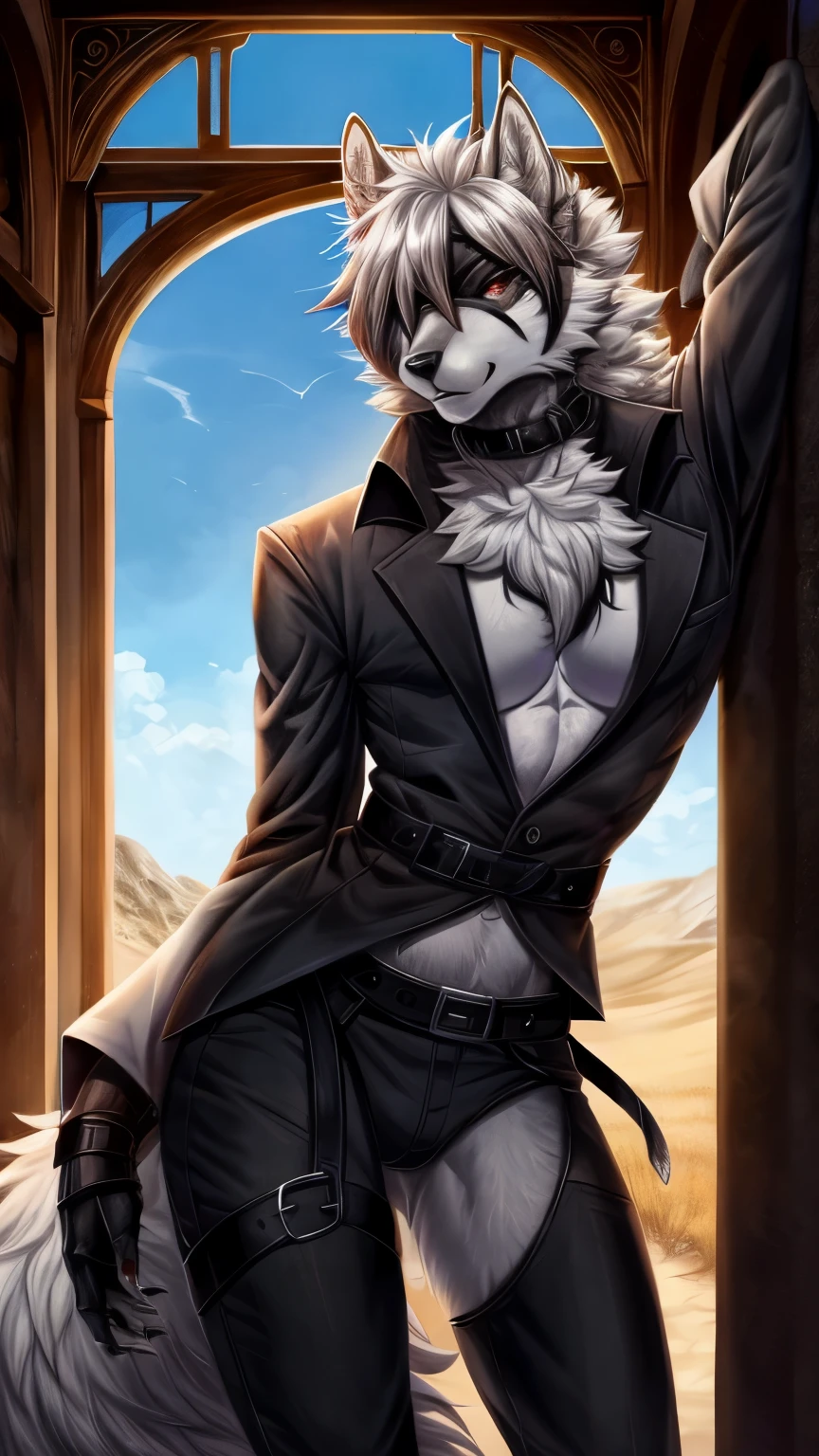 von lycaon, wolf, white fur,fluffy, black belt, red eyes, clothed, eye patch, detailed background,soft shading,hi res