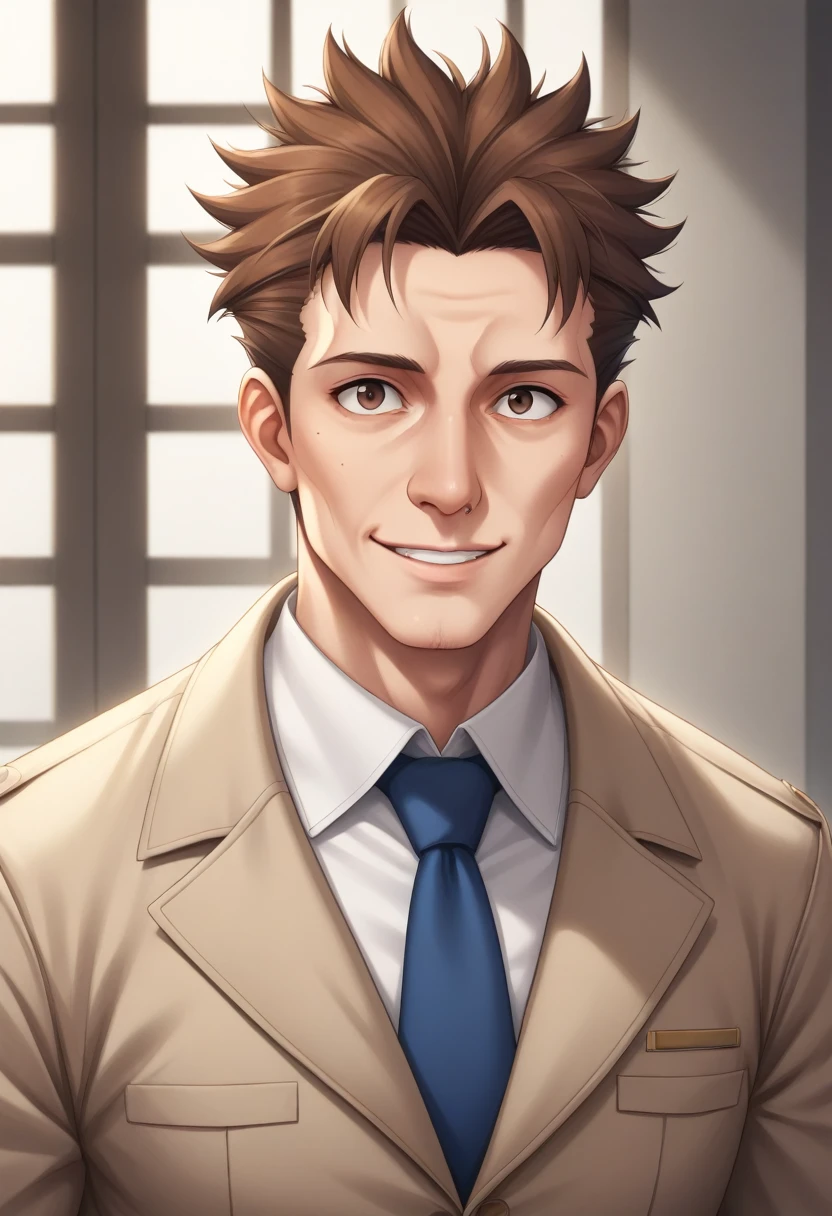 score_9, score_8_up, score_7_up, source_anime, BREAK 1man, veteran mature detective, muscular mature, boned nose, wavy slicked back spiked hair, yellow_brown hair, BREAK shihaku, brown eyes, dandy, virile, stubble, square shaped, large eyes, ugly, rough skin, facial wrinkles, ideal ratio body proportions, ordinaly, cute uncle, beautiful detailed eyes, 40yo, BREAK solo, upperlegs, white collared_shirt, blue necktie, trench_coat, dark worn-out suit, cute smile, standing, BREAK in eroge style, visual novel, 2000s, extreme all detailed, masterpiece, best quality