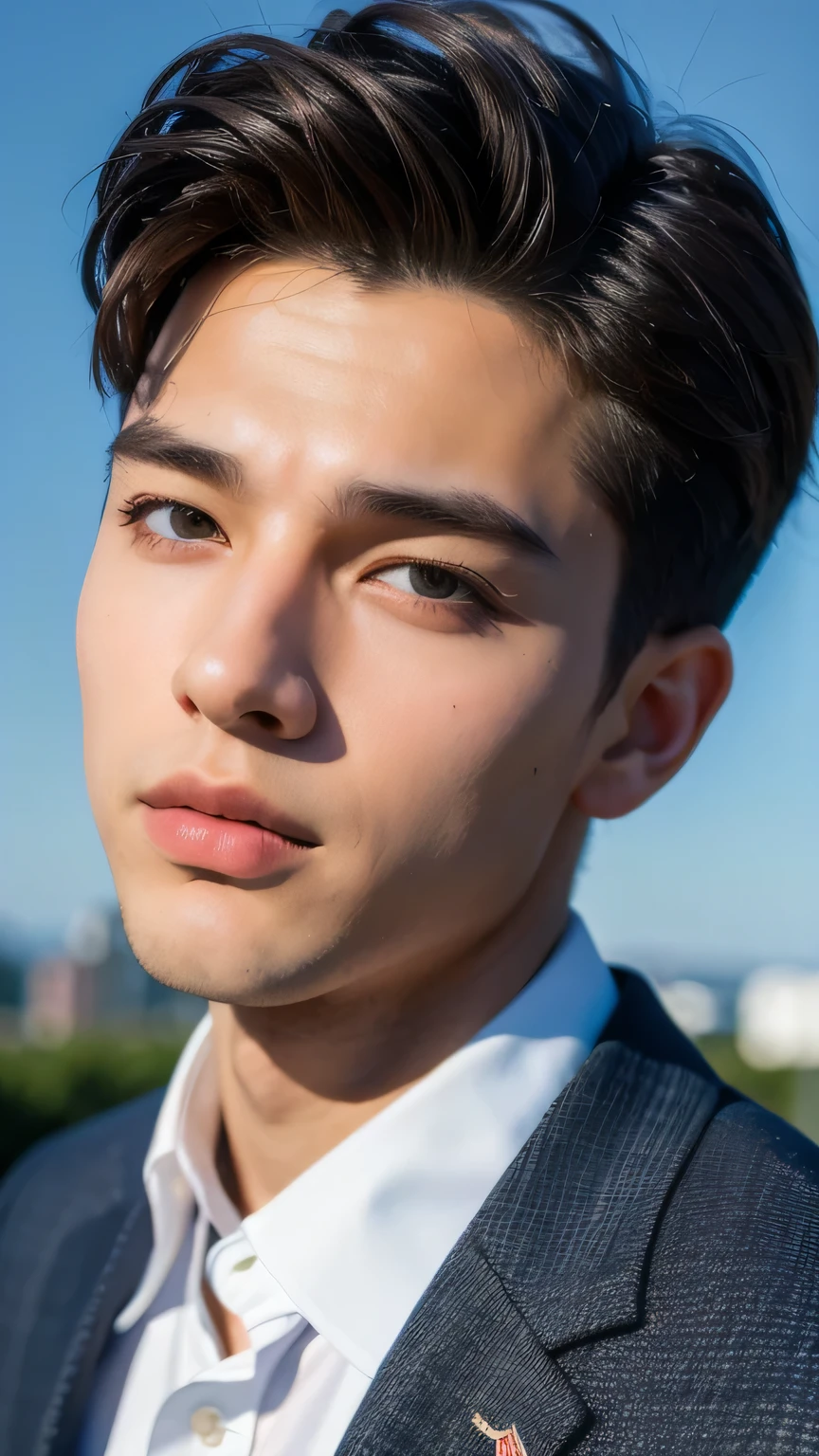 Highest quality, masterpiece, Ultra-high resolution, (Realistic: 1.4), Original photo, wallpaper, Head Photo, skin, Simple Background, Iris, detailed, Selfie, 1 boy, 18-year-old, good looking, Wind,suit