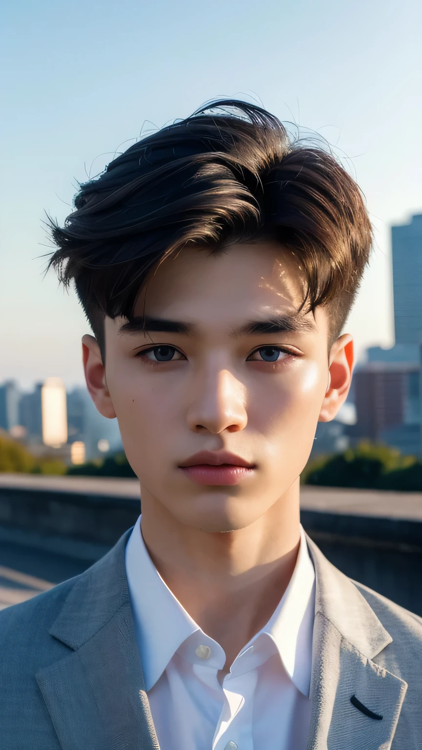 Highest quality, masterpiece, Ultra-high resolution, (Realistic: 1.4), Original photo, wallpaper, Head Photo, skin, Simple Background, Iris, detailed, Selfie, 1 boy, 18-year-old, good looking, Wind,suit