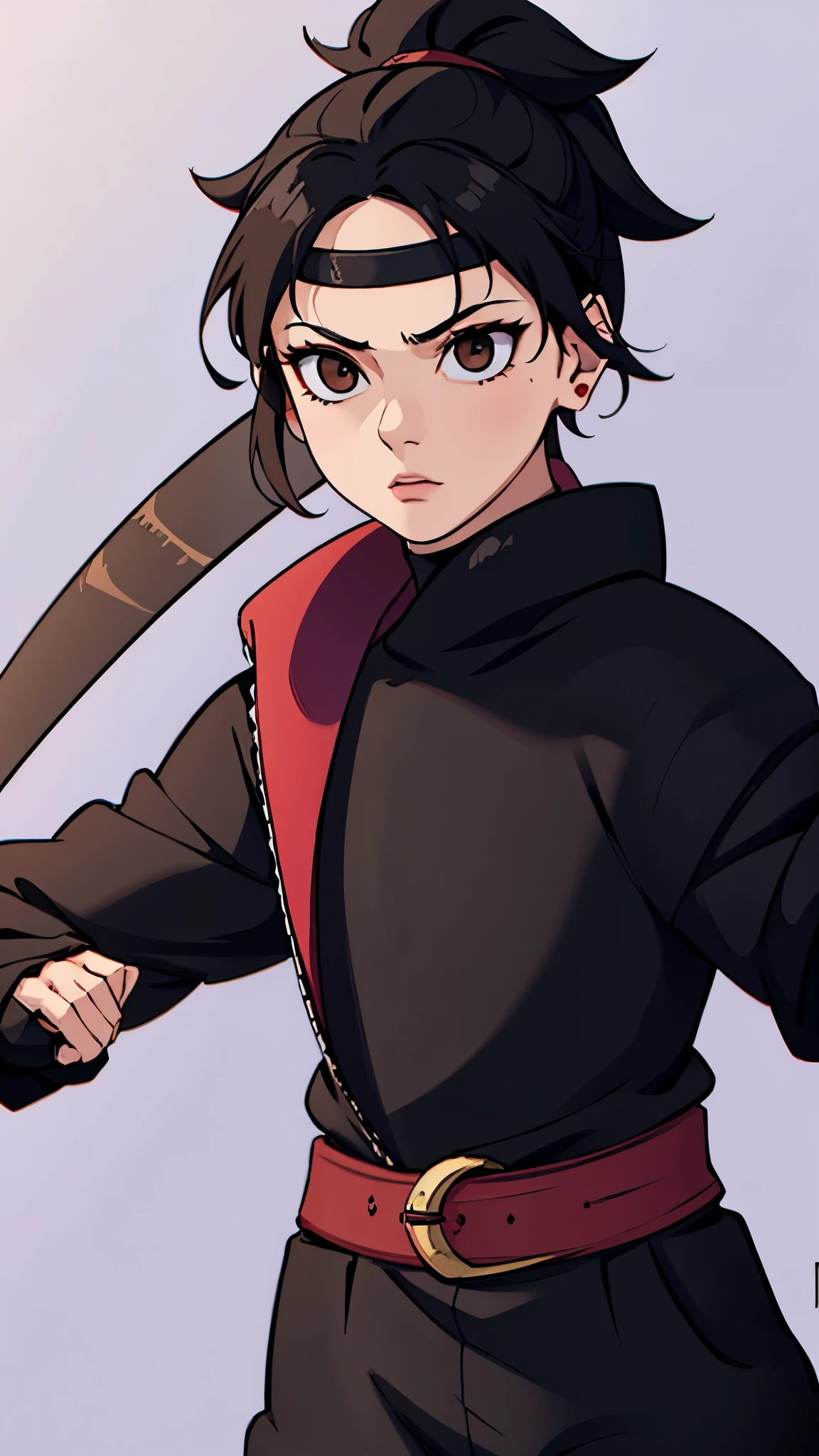 Girl, , Black hair, light brown eyes, ninja belt On the forehead, ninja outfit , black and lilac