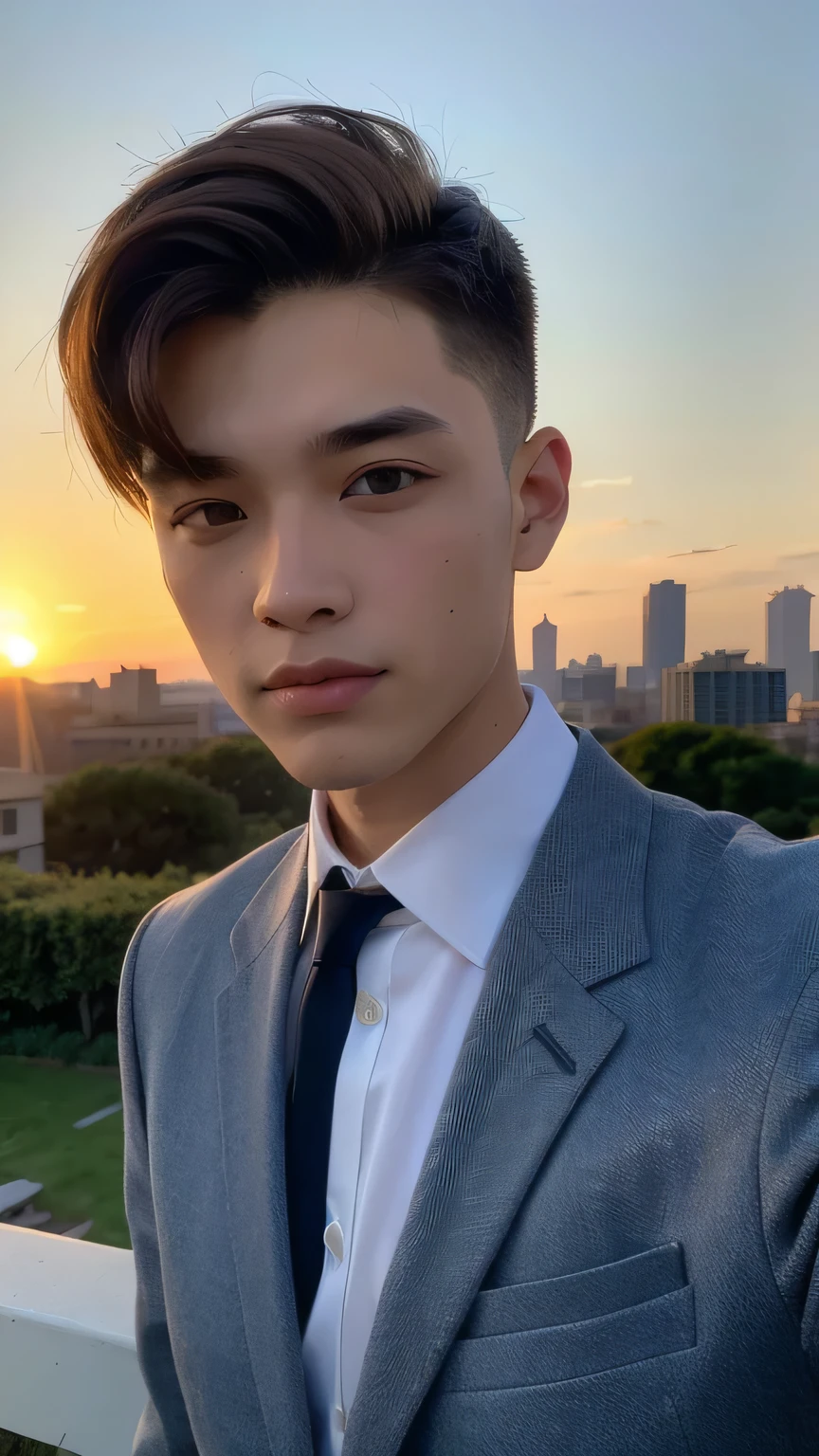 Highest quality, masterpiece, Ultra-high resolution, (Realistic: 1.4), Original photo, wallpaper, Head Photo, skin, Simple Background, Iris, detailed, Selfie, 1 boy, 18-year-old, good looking, Wind,Sunset、suit