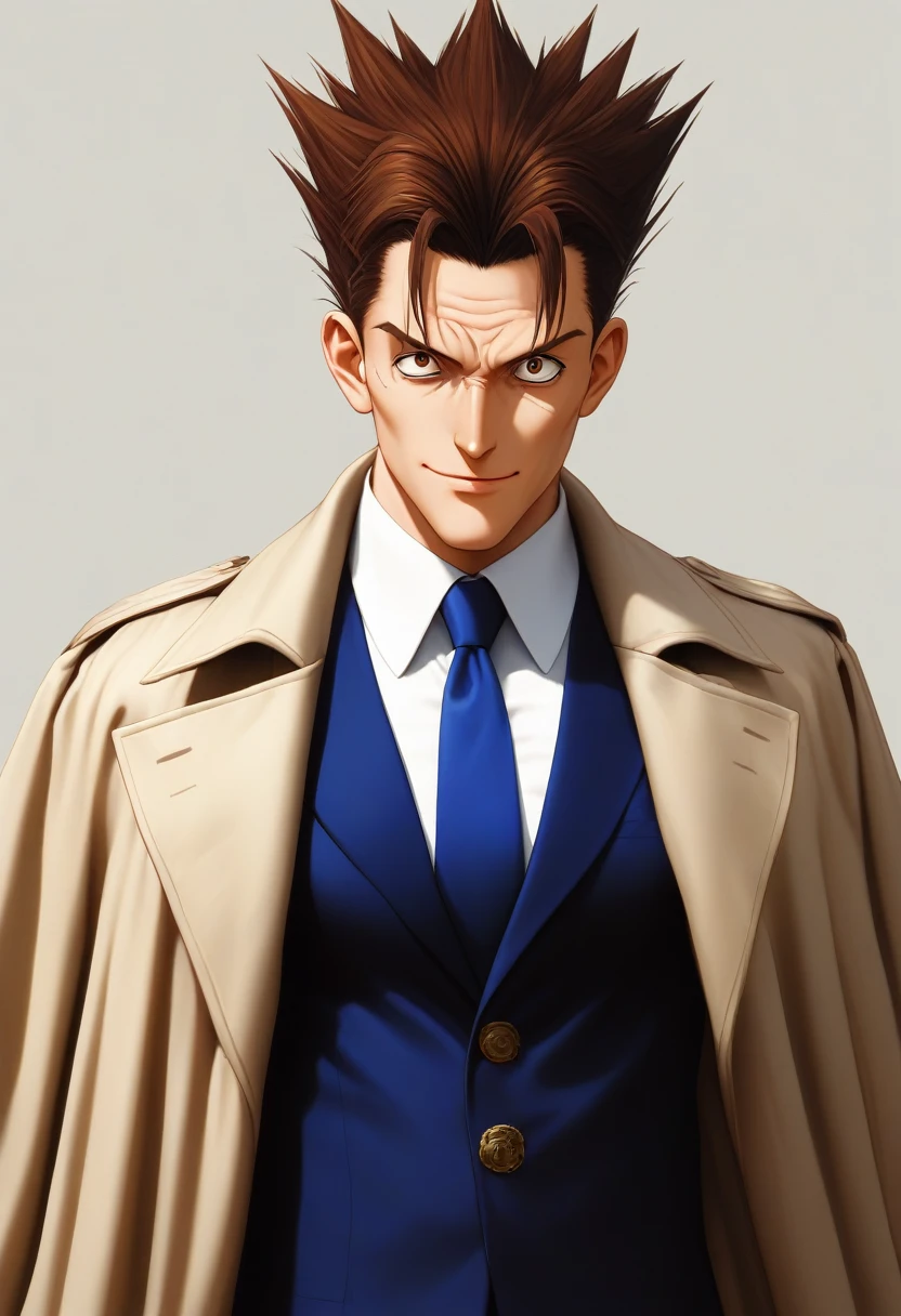 score_9, score_8_up, score_7_up, source_anime, BREAK 1man, veteran mature detective, muscular mature, boned nose, wavy slicked back spiked hair, yellow_brown hair, BREAK shihaku, brown eyes, dandy, virile, stubble, square shaped, large eyes, ugly, rough skin, facial wrinkles, ideal ratio body proportions, ordinaly, cute uncle, beautiful detailed eyes, 40yo, BREAK solo, upperlegs, white collared_shirt, blue necktie, trench_coat, dark worn-out suit, cute smile, standing, BREAK in eroge style, visual novel, 2000s, extreme all detailed, masterpiece, best quality