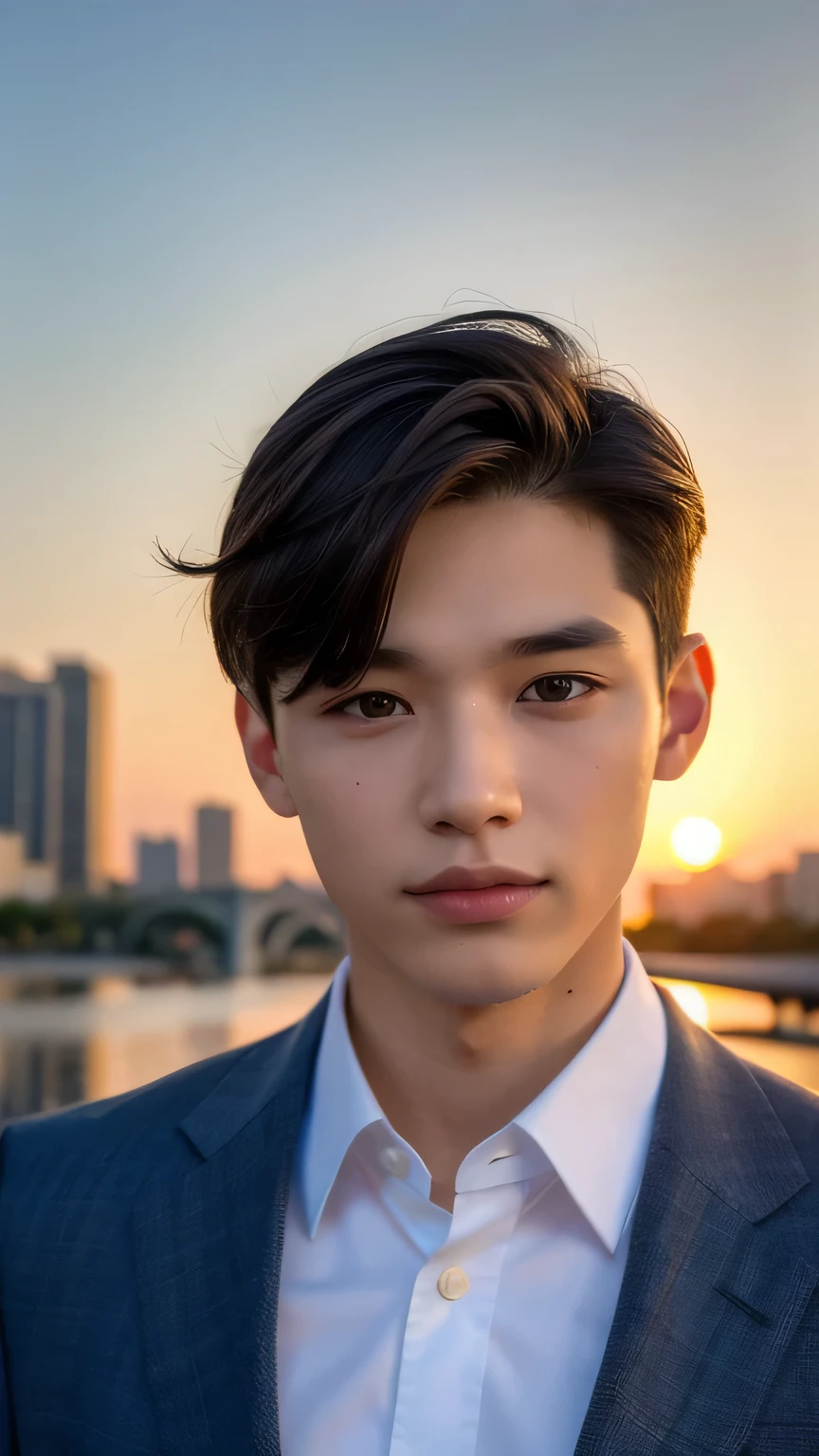 Highest quality, masterpiece, Ultra-high resolution, (Realistic: 1.4), Original photo, wallpaper, Head Photo, skin, Simple Background, Iris, detailed, Selfie, 1 boy, 18-year-old, good looking, Wind,Sunset、suit