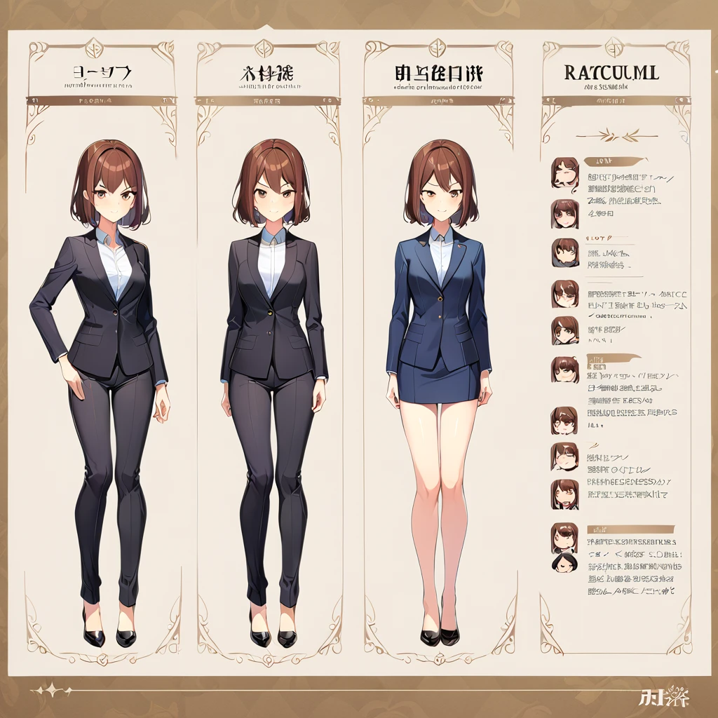 masterpiece: 1.6, Highest quality: 1.4, Character Sheet,Intricate details: 1.2, 1 mature woman,28 years old,office lady,attractive office lady, alone, (Brown Hair), Medium Hair, single ~ ~ sidelock, amount: 1.5, Slender figure,Small breasts,(Exposed thighs:1.3),office casual style, (Black recruitment suit:1.5),White shirt,(Black tight skirt:1.2), Full Body Shot, Multiple Views, front, return, ~ ~ side, performance, ((Character setting material collection, Different poses of the same character, Character Reversal: 1.5, Multiple Views)), arms behind return, Portraiture, Happy, Are crying, Get angry, smile
