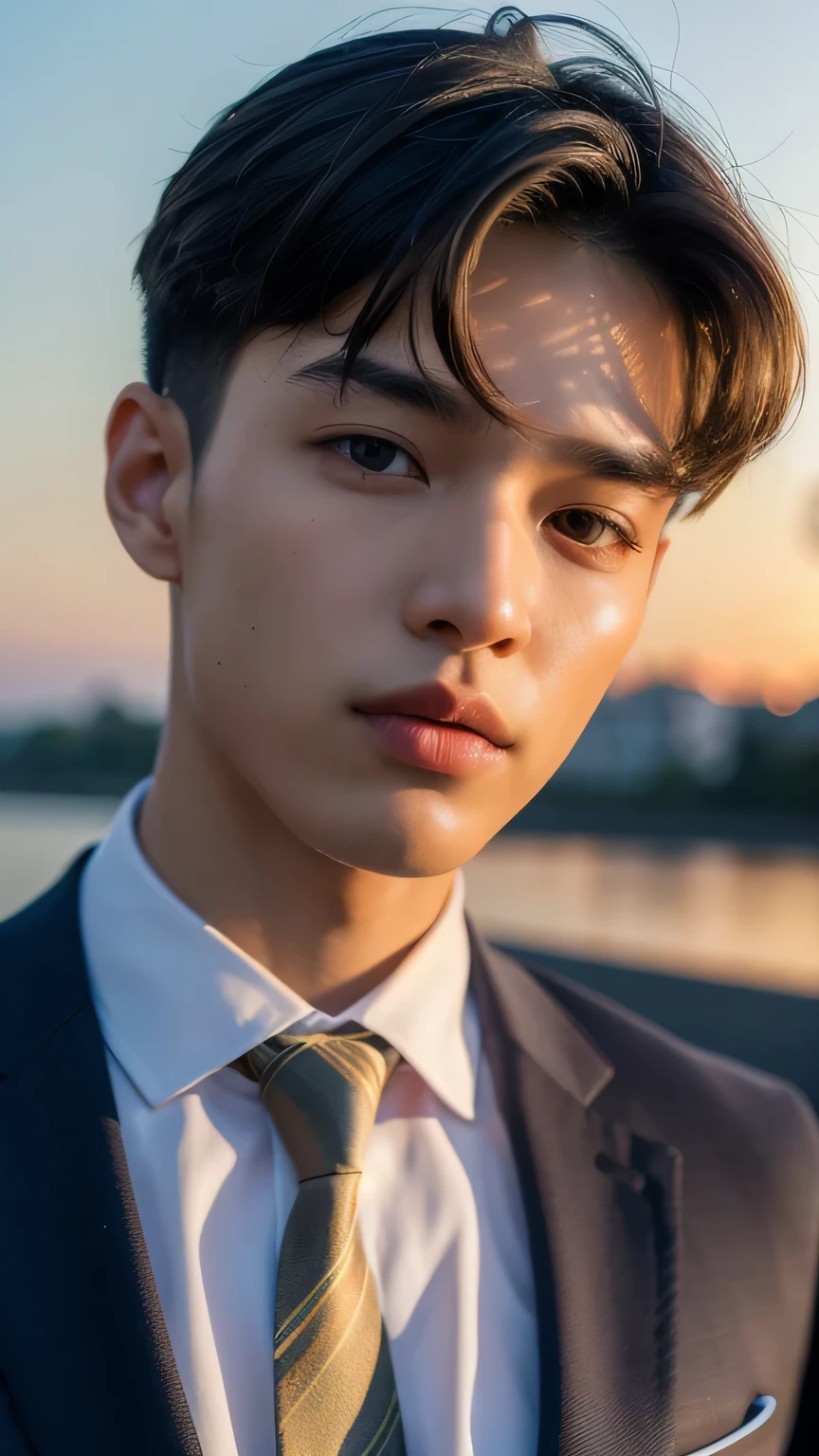 Highest quality, masterpiece, Ultra-high resolution, (Realistic: 1.4), Original photo, wallpaper, Head Photo, skin, Simple Background, Iris, detailed, Selfie, 1 boy, 18-year-old, good looking, Wind,Sunset、suit