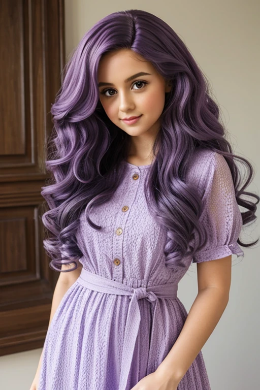 doll, long curly hair below the waist, in lilac dress
