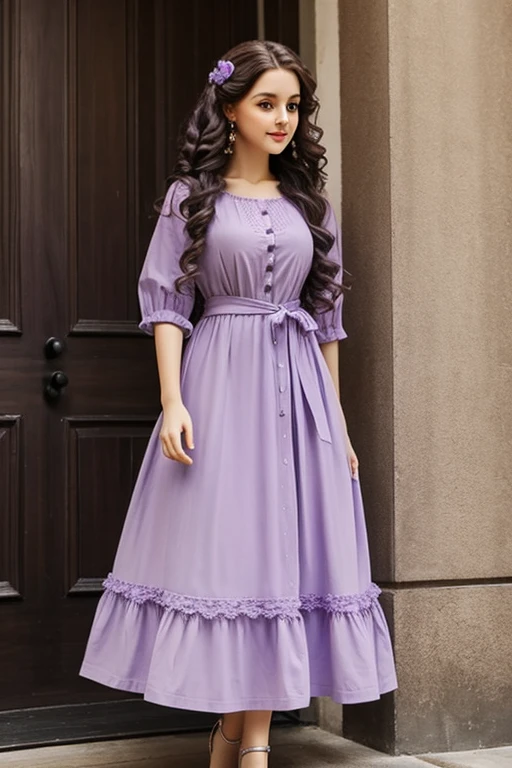 doll, long curly hair below the waist, in lilac dress
