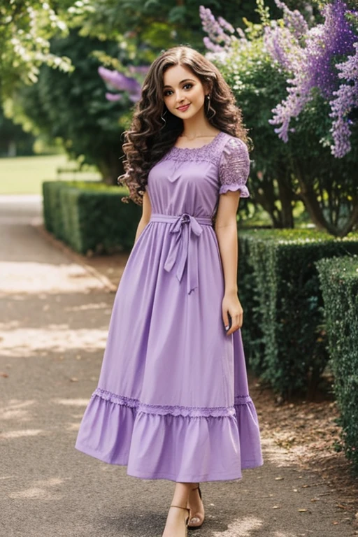 doll, long curly hair below the waist, in lilac dress