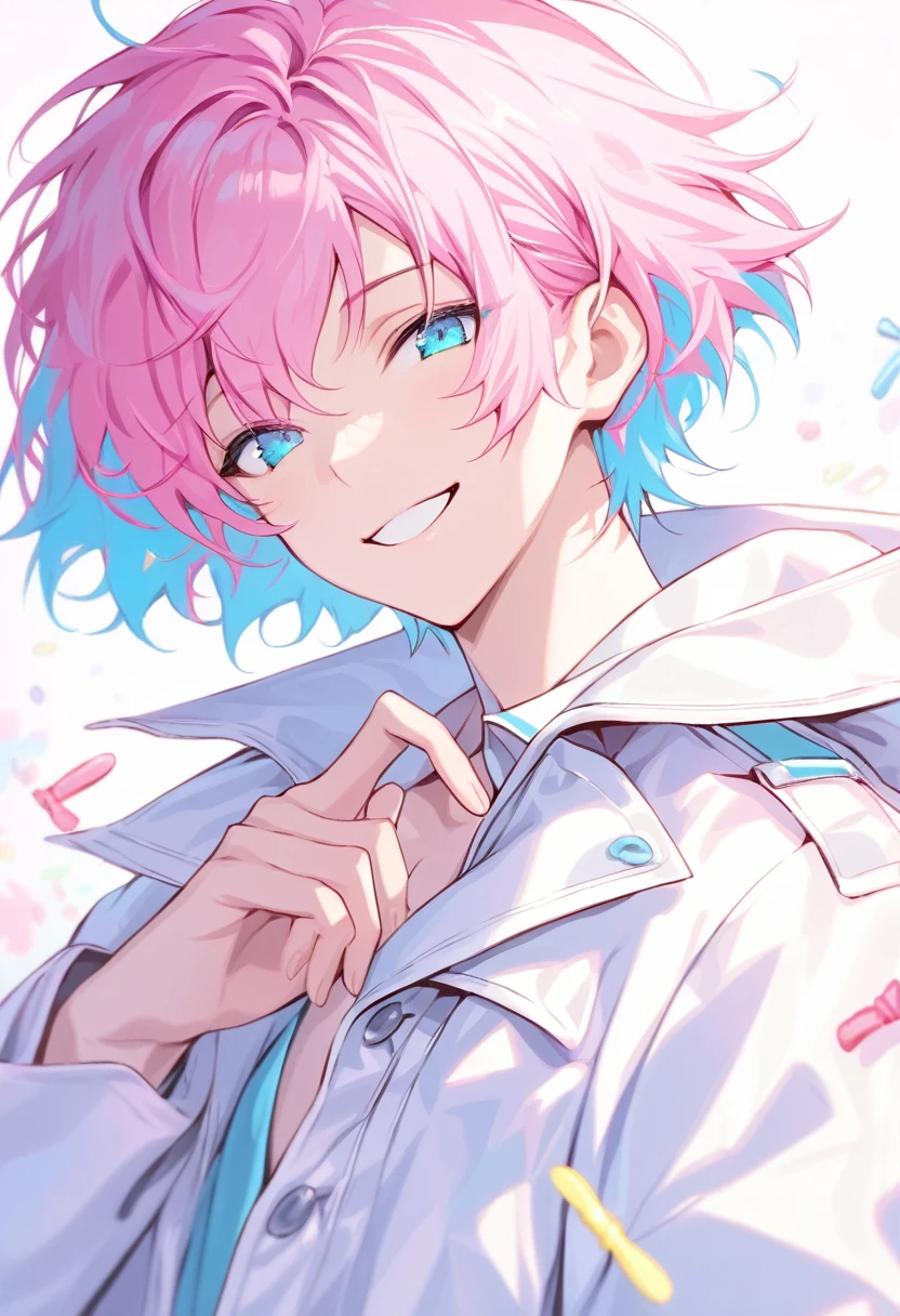 Masterpiece, highres, best quality, solo, 1 male, short hair, pink hair, blue eyes, white coat, smile facial, pastels, candy