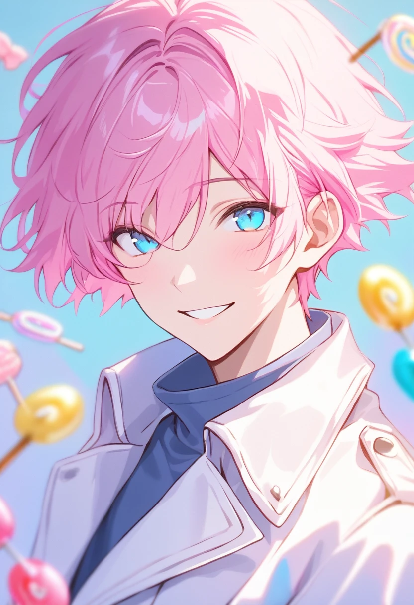 Masterpiece, highres, best quality, solo, 1 male, short hair, pink hair, blue eyes, white coat, smile facial, pastels, candy