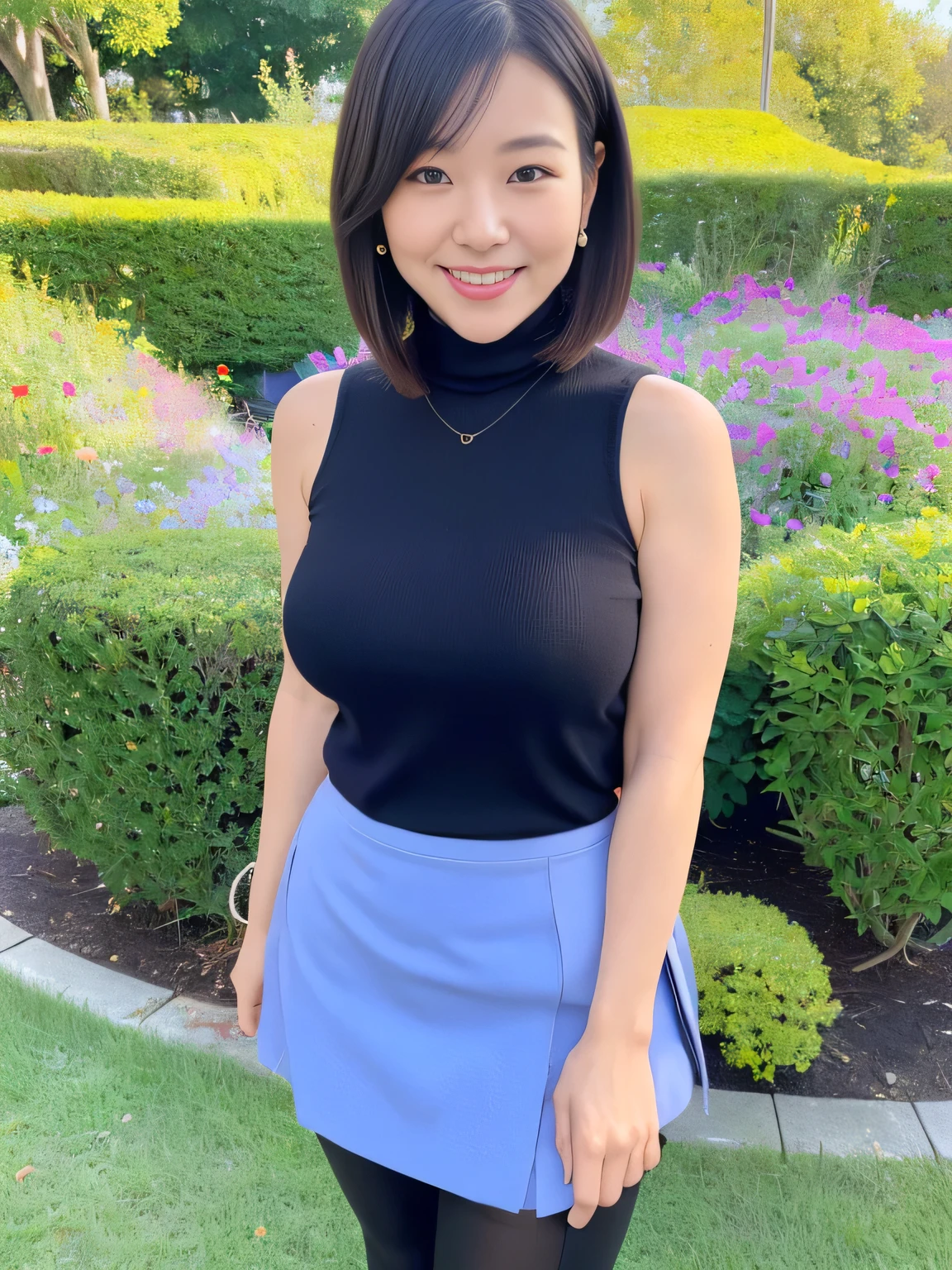 Highest quality、8k、masterpiece、Ultra-high resolution、Clear photos、Professional Lighting、Natural light、Realistic,、Highly detailed skin、Perfect Anatomy、One Woman、(Cowboy Shot)、30 years old、Baby Face:1.6、Large Breasts、(Large areola)、Large erect nipples:1.2、Glamour、Bob Hair、Black Hair:1.8、Beautiful Hair、smile、Blue sleeveless knit:1.1)、Lightweight knit、(Perfect Pantyhose:1.2)、Black Pantyhose、turtleneck、Cleavage、(Tight Skirt:1.4)、in the garden、Standing pose、Exposed thighs