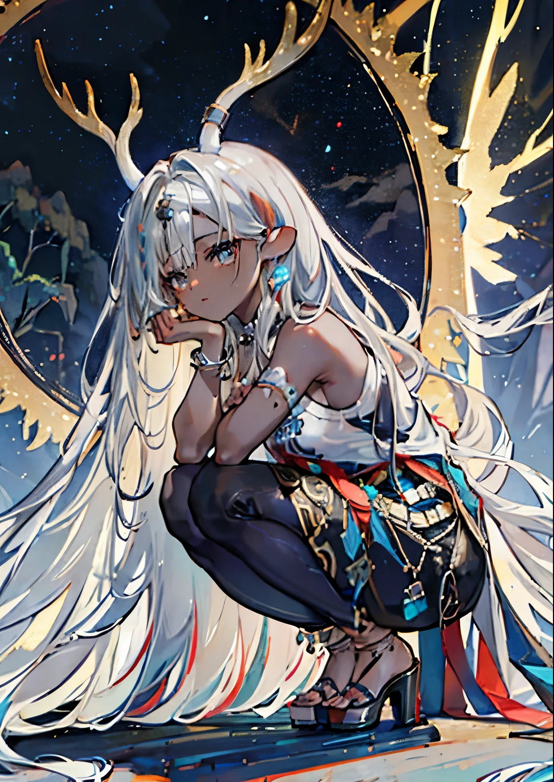 ((Highest quality)), ((masterpiece)), (detailed), One girl,Silver Hair,Long Hair，Dark Skin,Wearing a black sleeveless dress，Wear black high heels，Squatting pose on top of the tower,Starry Sky，cloud，Girl with deer antlers on her head，Look away