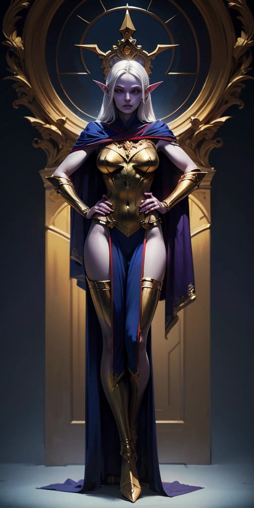 masterpiece, best quality, high quality, drow elf, long hair, pale hair, red eyes, purple skin, deep blue cape with golden ornaments (1solofemale full body standing straight symmetrical, hands on hips)