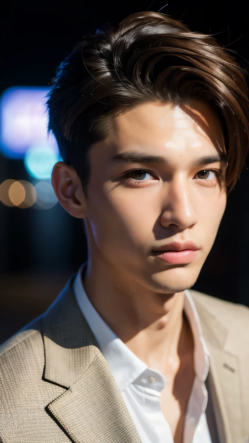 Highest quality, masterpiece, Ultra-high resolution, (Realistic: 1.4), Original photo, wallpaper, Head Photo, skin, Simple Background, Iris, detailed, Selfie, 1 boy, 18-year-old, good looking, Wind,suit、night