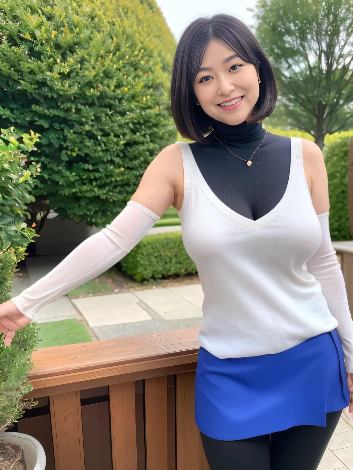 Highest quality、8k、masterpiece、Ultra-high resolution、Clear photos、Professional Lighting、Natural light、Realistic,、Highly detailed skin、Perfect Anatomy、One Woman、(Cowboy Shot)、30 years old、Baby Face:1.6、Large Breasts、(Large areola)、Large erect nipples:1.2、Glamour、Bob Hair、Black Hair:1.8、Beautiful Hair、smile、Blue sleeveless knit:1.1)、Lightweight knit、(Perfect Pantyhose:1.2)、Black Pantyhose、turtleneck、Cleavage、(Tight Skirt:1.4)、in the garden、Standing pose、Exposed thighs