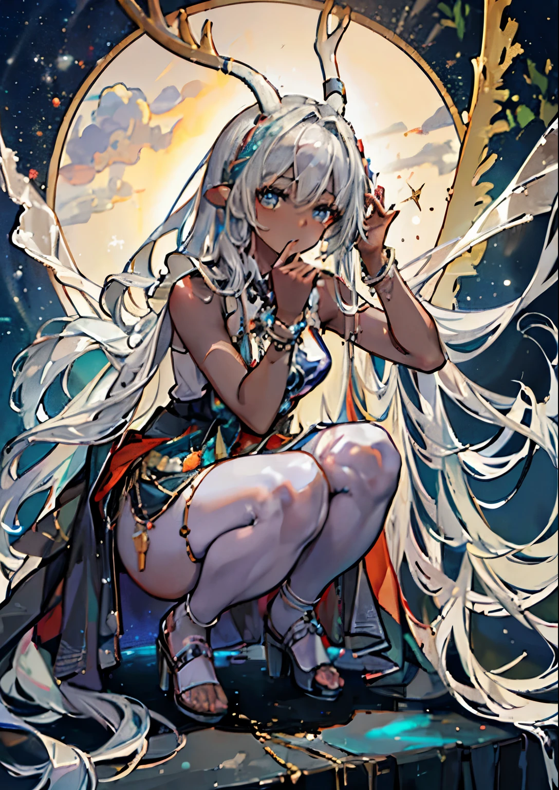 ((Highest quality)), ((masterpiece)), (detailed), One girl,Silver Hair,Long Hair,Dark Skin,Wearing a black sleeveless dress,Wear black high heels,Squatting pose on top of the tower,Starry Sky,cloud,Girl with deer antlers on her head,Look away