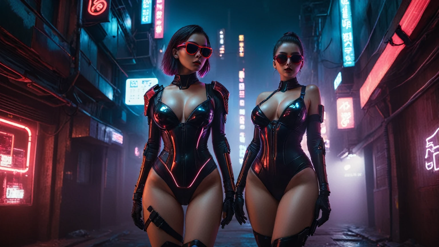 There's a cyborg woman wearing a futuristic leotard standing in a GhostlyStyle cyberpunk city alley at dark night, darksynth aesthetic, red neons, atmospheric fog, (1girl, solo, alone), large-breast:1.2 slim body, cleavage:1.1, (black sunglasses), (((she raised a short-gun:1.8 and shot the viewer))), dynamic pose, (((half-body thigh level medium shot))), cinematic lighting, lens flare, ray tracing, (fisheye lens).