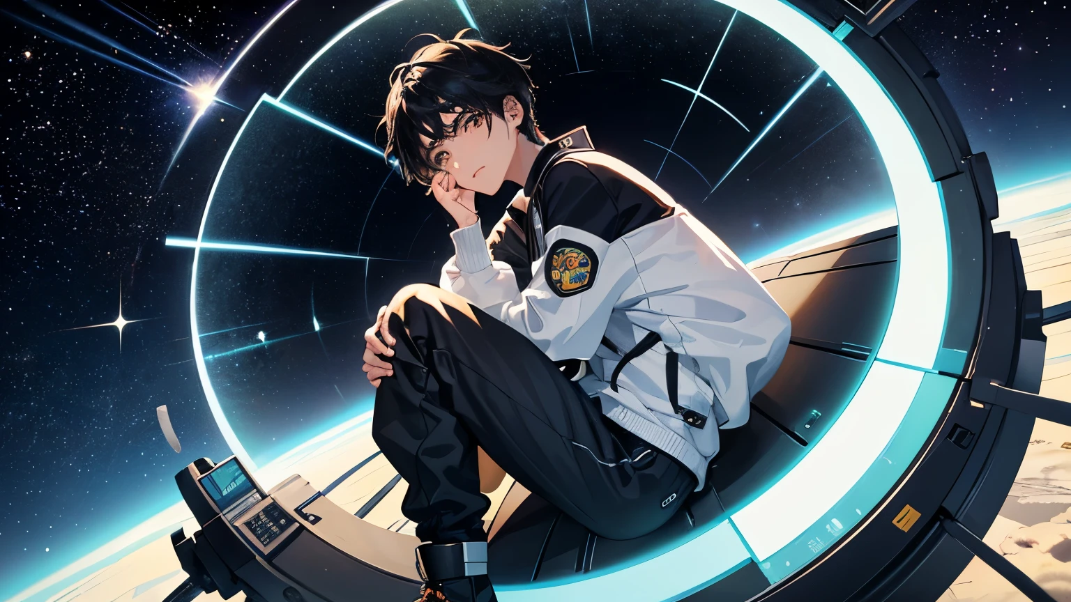 a boy, 17 years old, black hair, Brown eyes, He has a lock of hair dyed green., wear fashionable clothes, is in outer space, use it as a background in outer space(Universe,galaxies), with an expression of being sleepy, Do this work as for a YouTube channel banner