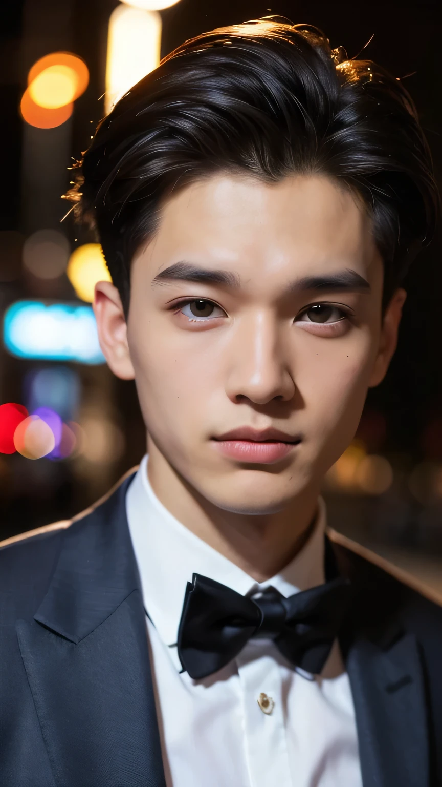 Highest quality, masterpiece, Ultra-high resolution, (Realistic: 1.4), Original photo, wallpaper, Head Photo, skin, Simple Background, Iris, detailed, Selfie, 1 boy, 18-year-old, good looking, Wind,suit、night